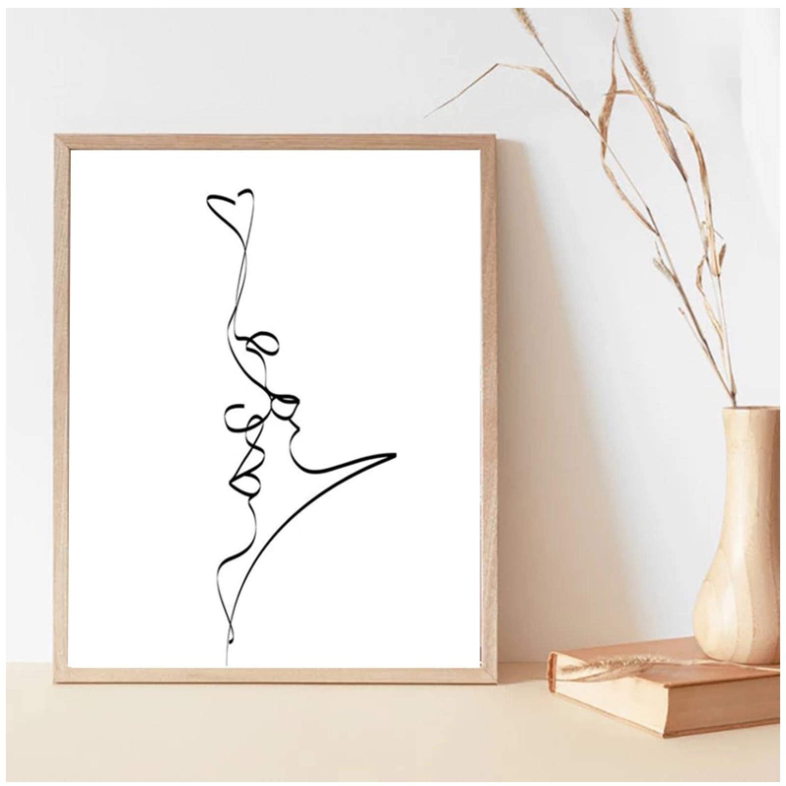 Dtsgfbh Frameless Abstract Couple Kiss Single Line Drawing Print Love Black White Poster Romantic Bedroom Wall Art Canvas Painting Decor -(50X70cm) X1pcs