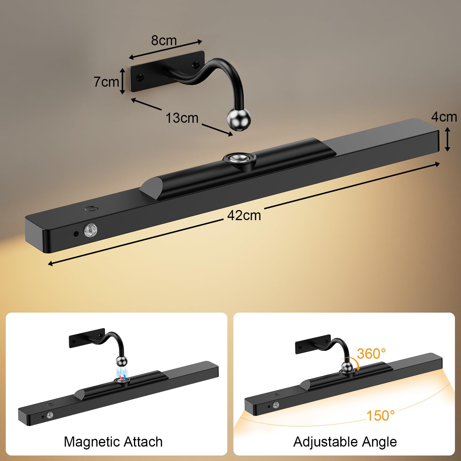 40CM Lampara Pared Sin Cable, 6000mAh recargable aplique espejo baño, Luz Inalambrica para Cuadros con Mando a Distancia 3 temperaturas ensor movimiento, para Sala de Estar Pasillo pinturas Intensidad