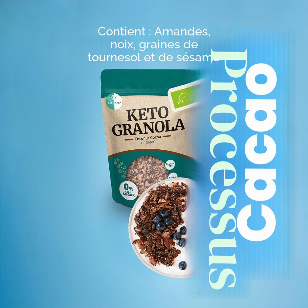 Go-Keto BIO Keto Granola Coconut Cocoa 6x 290g - Muesli Keto pour un petit déjeuner Keto, avec chips de noix de coco, noix, graines de tournesol & pépins de courge, végétalien, sans gluten