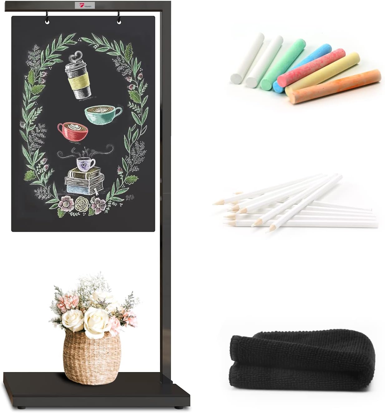 TOWON Large Floor-Standing Chalkboard Signs with Black Metal Base, 19 x 43 Inch Pedestal Chalk Display Signs Single Pole for Cafe Bar, Bistro, Florist, Wedding, Portable and Double-Sided Outdoor Pedestal Hanging