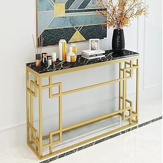 ZJCQAHallway Console Side Table Faux Marble Modern End Table Hall Table Living Room Table/Metal Frame For Dining Room, Tea, Home (Golden/Black)(Size:100x30x80cm,Color:02)