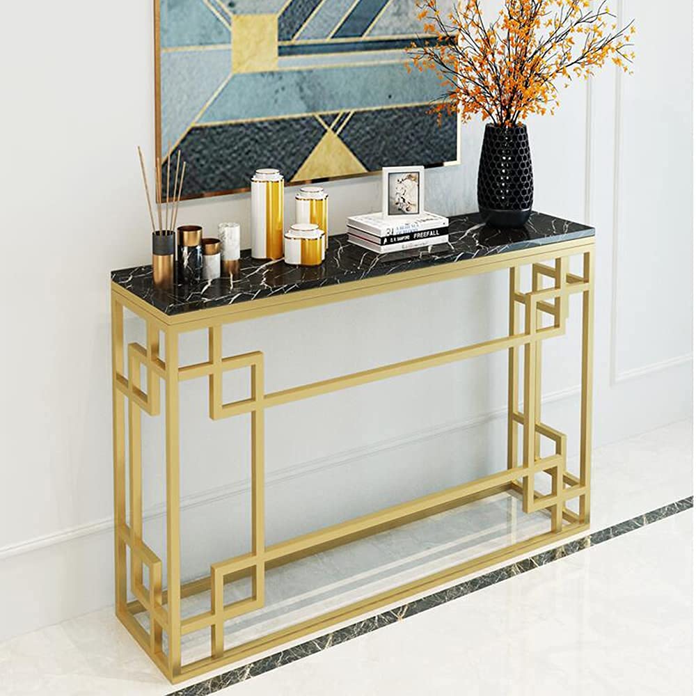 ZJCQAHallway Console Side Table Faux Marble Modern End Table Hall Table Living Room Table/Metal Frame For Dining Room, Tea, Home (Golden/Black)(Size:80x30x80cm,Color:02)