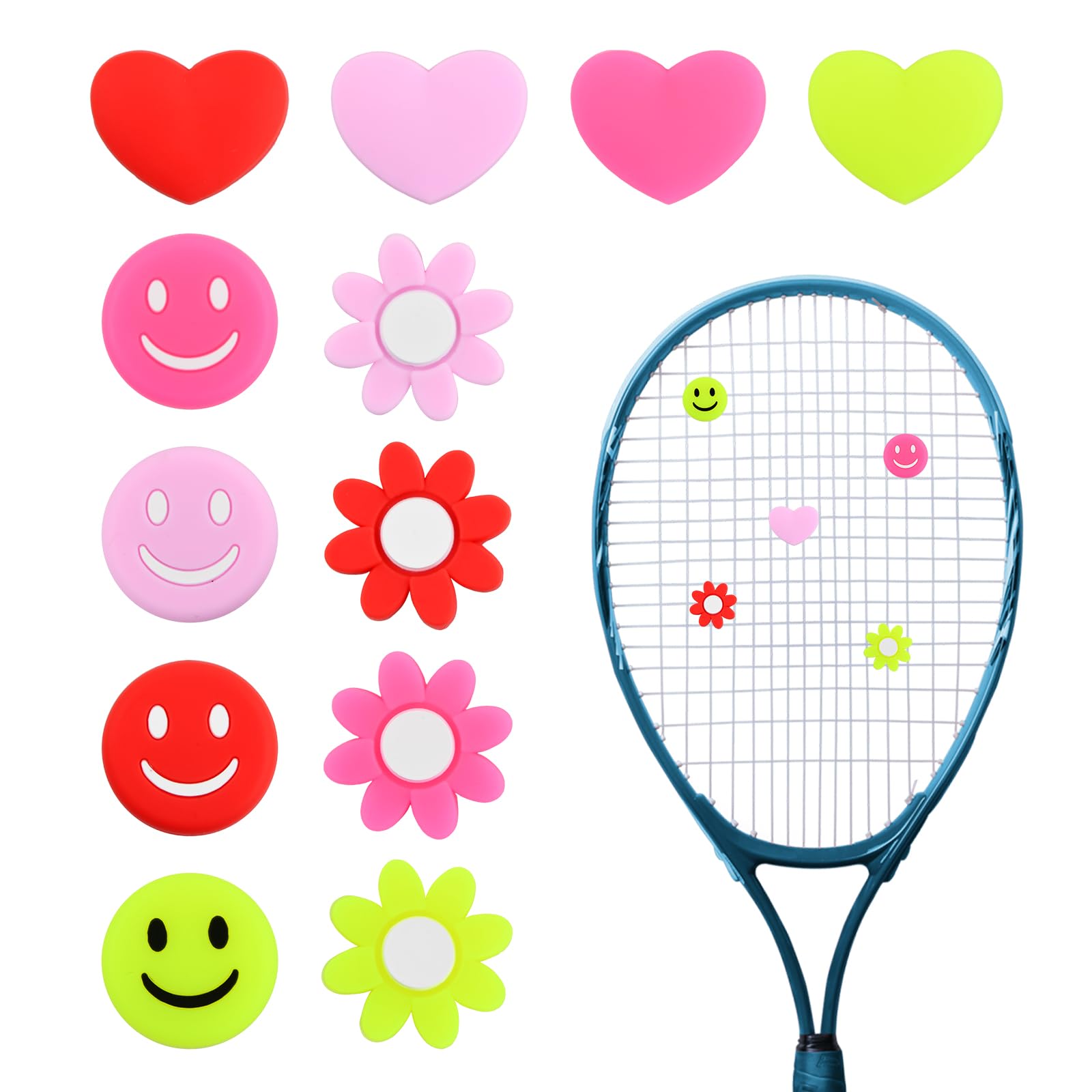 12 Piezas Amortiguador de Raqueta de Tenis de Silicona, Antivibradores Raqueta Tenis, Silicona Absorción de Impactos para Raquetas Tenis y Bádminton, Corazón Smiley Flor, 4 Colores