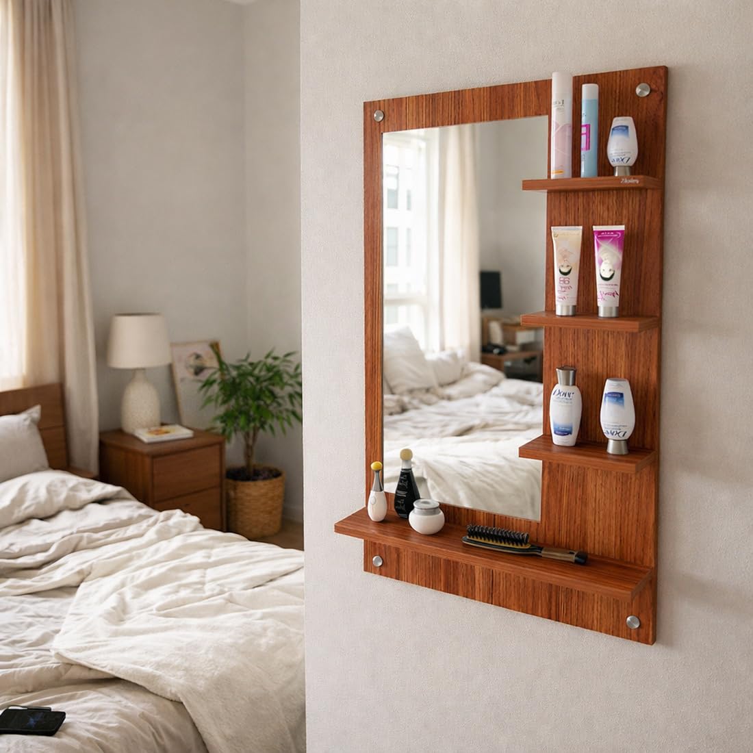 wall mounted dressing table with mirror and storage shelves, teak brown, engineered wood, 80x60x13 cm, modern space saving vanity organizer
