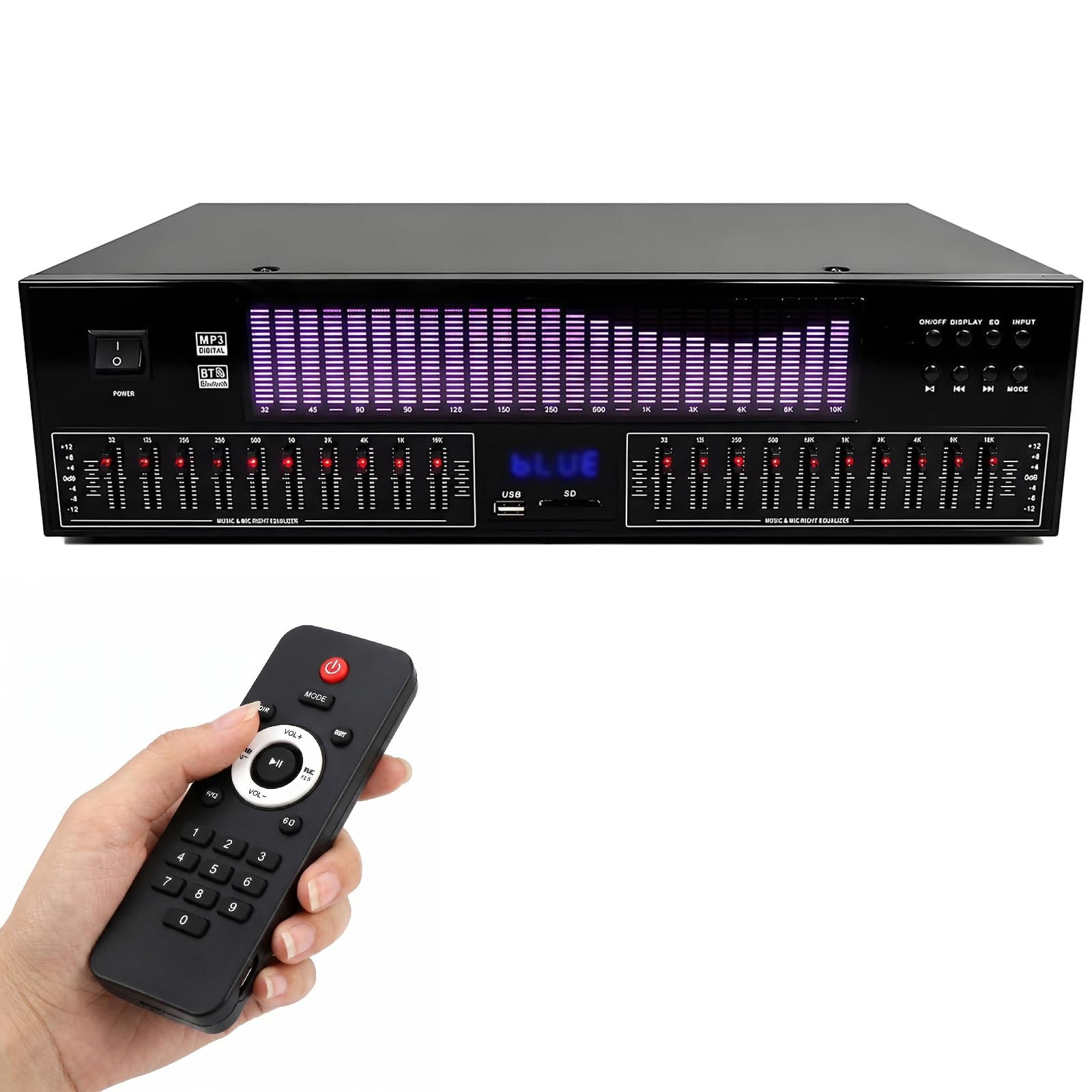 Ecualizador gráfico Hi-Fi, procesador de ecualización estéreo de 20 bandas, sistemi de ajuste de audio, analizador de espectro LED, 15 modos dinámicos y control remoto; ideal para