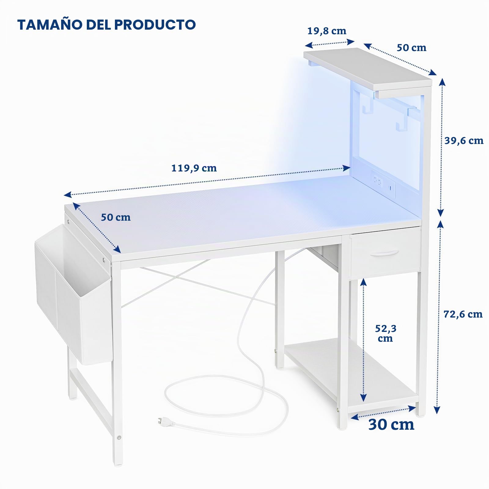 Grandder Escritorio Gaming 120x50 cm con Enchufe LED RGB Estantes Abatibles Cajón Organizador para PC Portátil Hogar/Oficina Incluye Bolso Fibra Carbono Negro