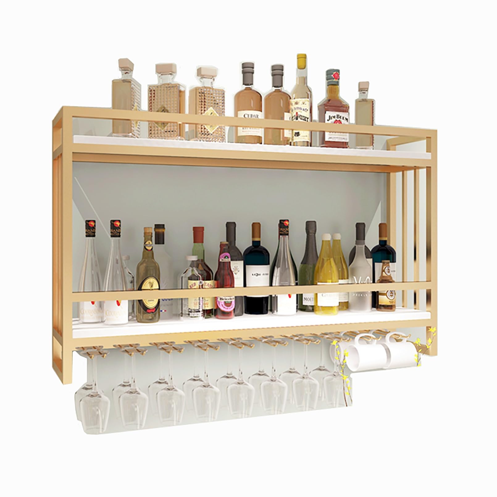 Étagère rustique pour bouteilles de vin et verres dans une cuisine chic