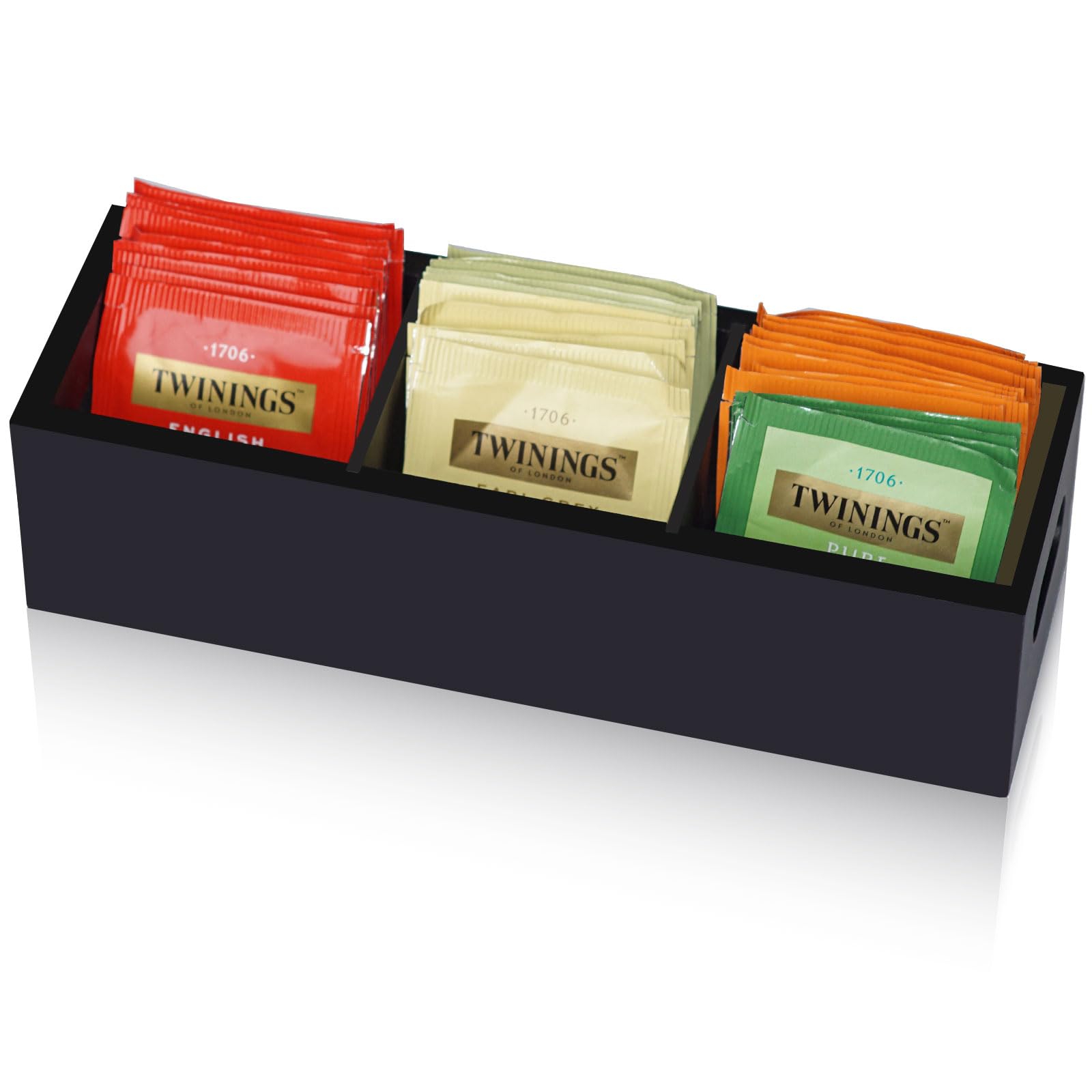 Krismax Tea Bag Organizer,Wooden Tea Box Holder, Tea Storage Containers with 3 Slots,Divided Storage Container for Beverage Supllies,Sugar,Sweeteners,Individual Packets (Black)