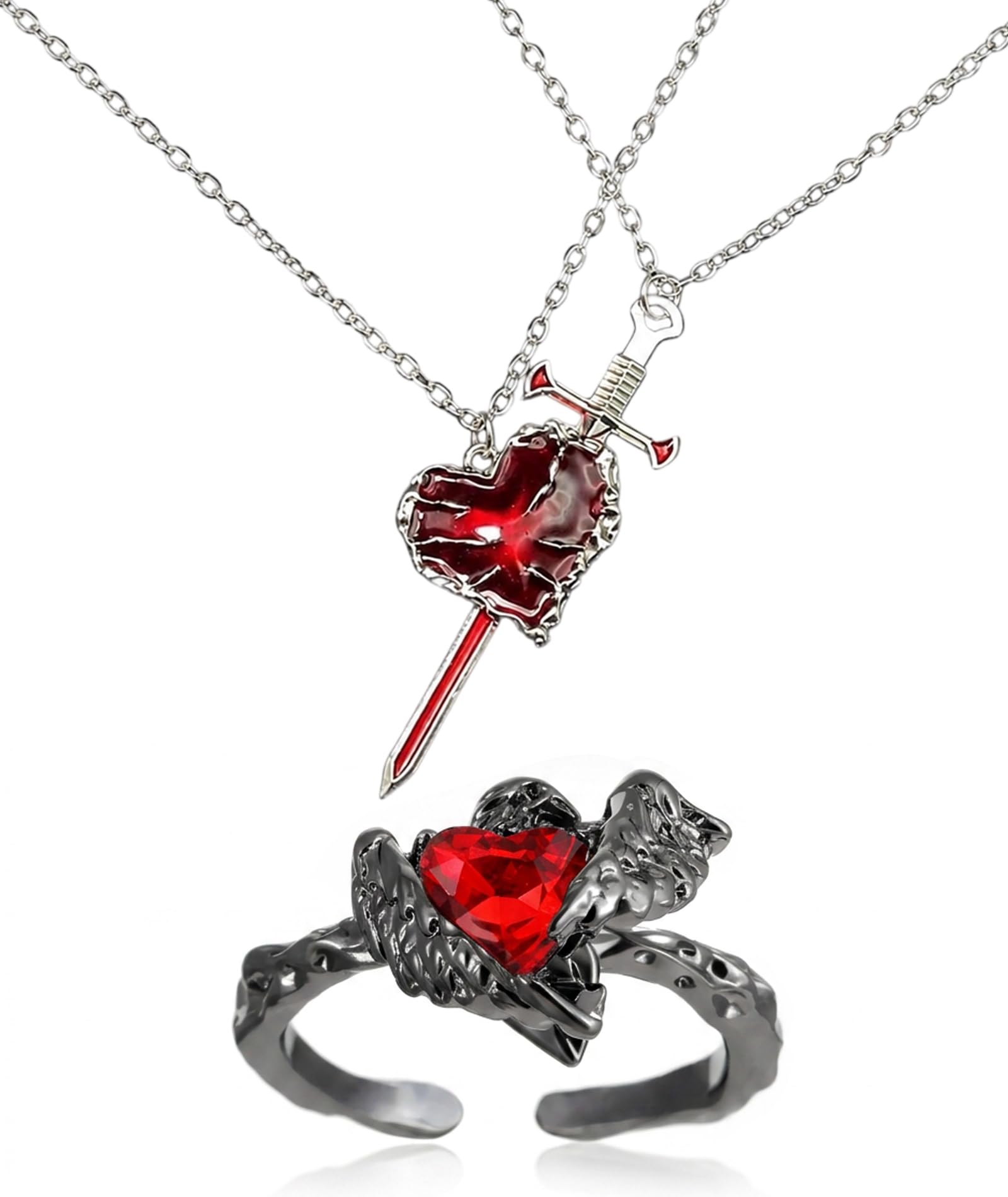 Buy Gothic Necklace, Gothic Rings, Set of 3 Pieces, Dark Red Heart and Sword Pendant Necklaces with Ring, Gothic Fashion Accessories for Concerts, Themed Events and Daily Alternative Style Wear at Amazon.in - Image 2