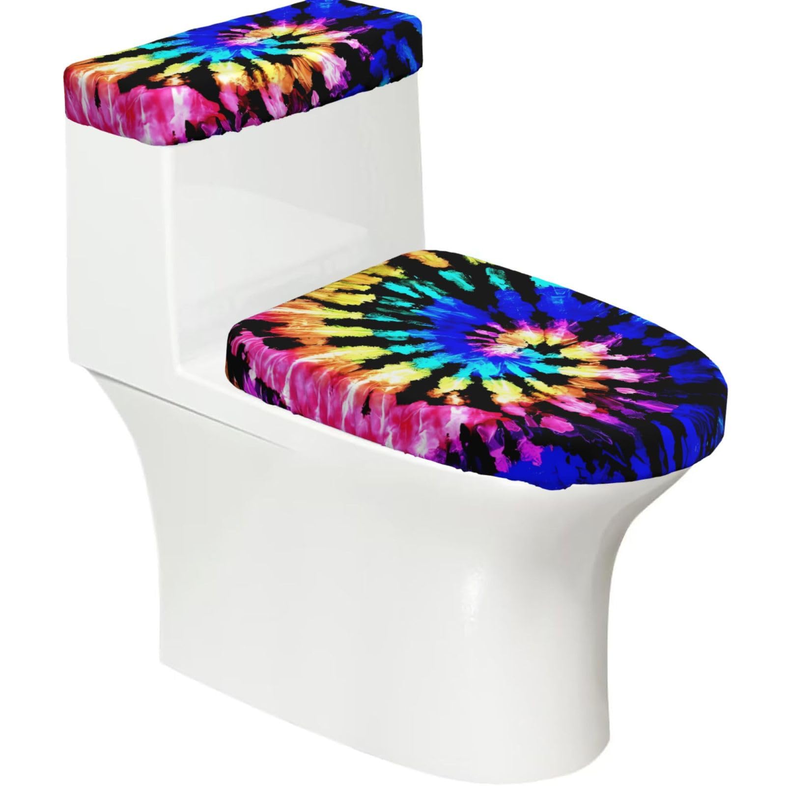 Exotic Tribe Tie Dye Style 2-Piece Toilet Seat Cover Set with Tank Lid - Elastic for U-Shape & Elongated - Bathroom Decor