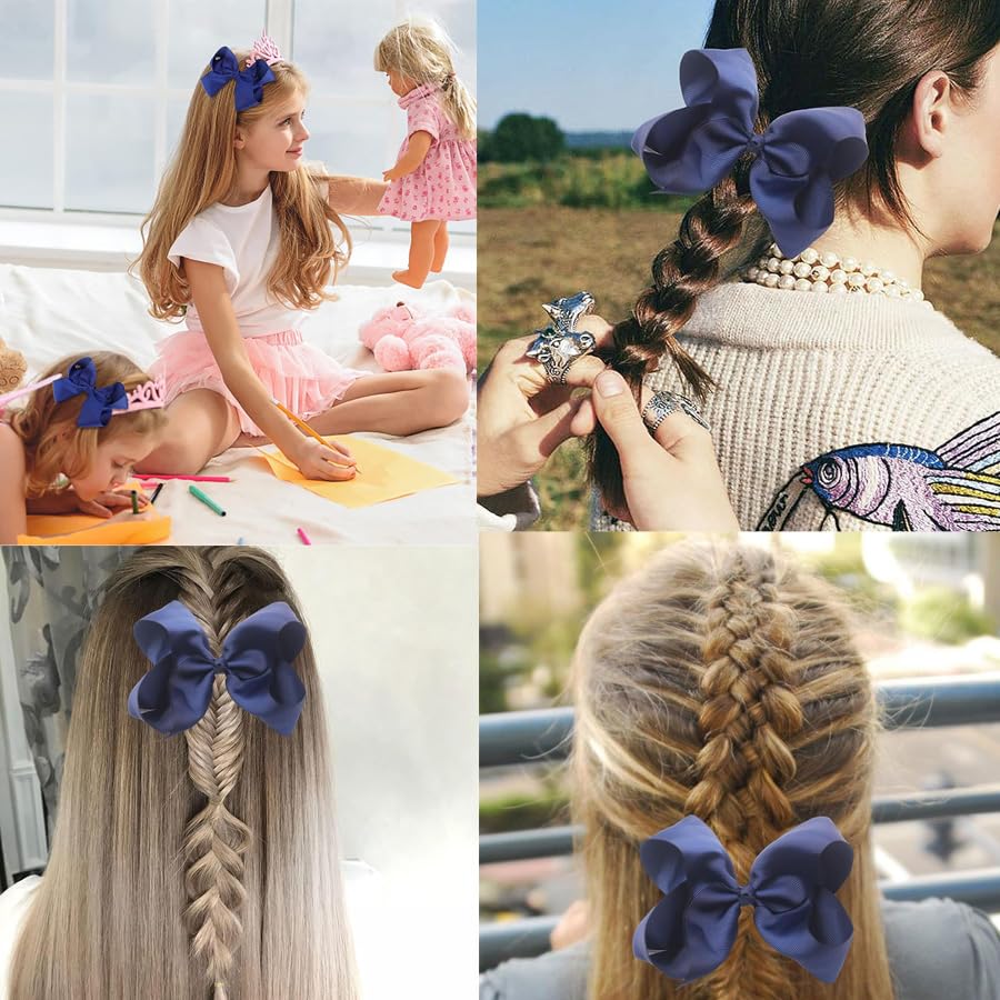 4Pcs Navy Blue Hair Bows, Spiral Ribbon Bow Hair Clips,Long Ponytail Barrette, Light Fine Hairbows Accessories for Toddler Teens Girls - Image 4