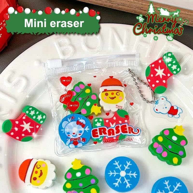 Christmas Cartoon Mini Erasers for Kids – Pack of 5 PVC Zipper Pouch with Keychain – Cute Santa, Snowman, Reindeer & Tree Eraser Set – Return Gift & School Stationery