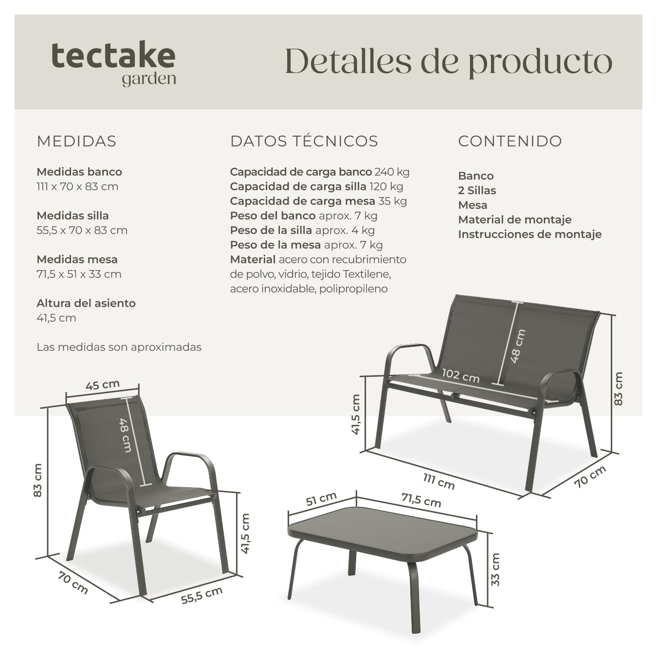tectake® Conjunto Jardin Exterior para 4 Personas, Muebles Jardin Exterior con Estructura de Acero, Mesa con Vidrio de Seguridad, Muebles Terraza y Sofa Terraza - Antracita