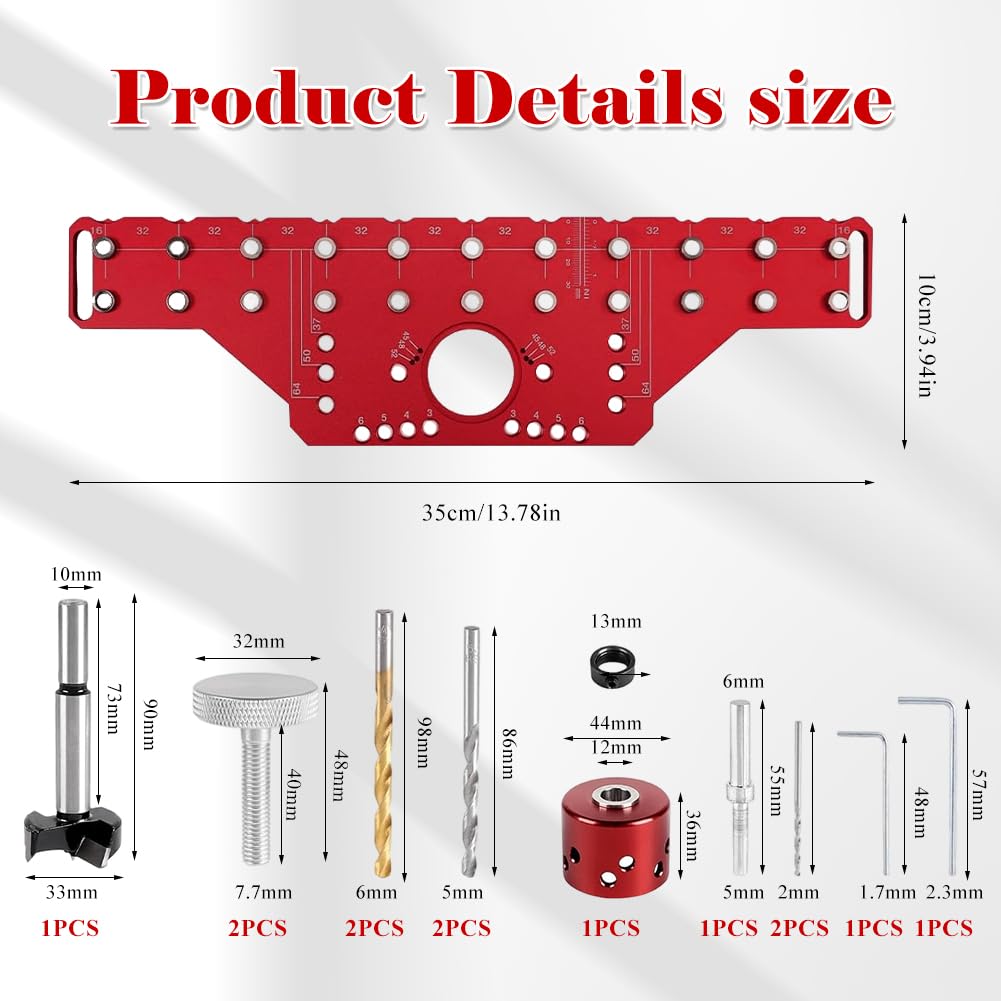 Szablon do wiercenia 2 w 1, wspornik półki i taśma doniczkowa 35 mm – aluminiowy szablon do wiercenia z tulejami prowadzącymi 5 mm/6,25 mm, raster 32 mm, w zestawie wiertło 5 mm i 6 mm – precyzyjne