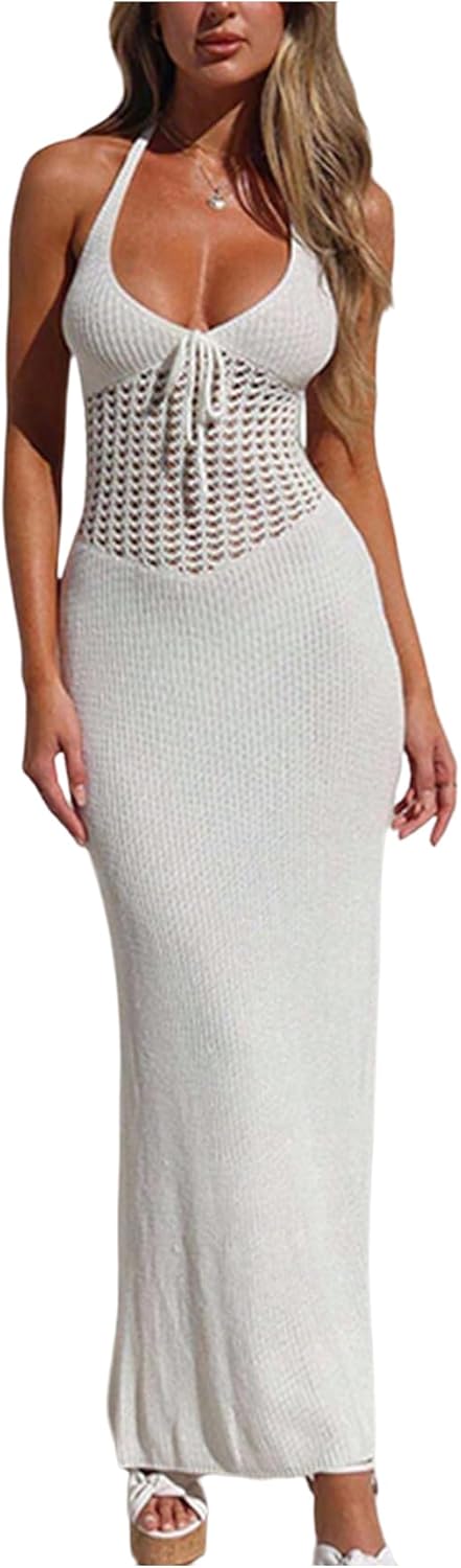 Milumia Women's Hollow Out Tie Backless Halter Beach Dress Sexy Deep V Neck Knitted Maxi Dresses
