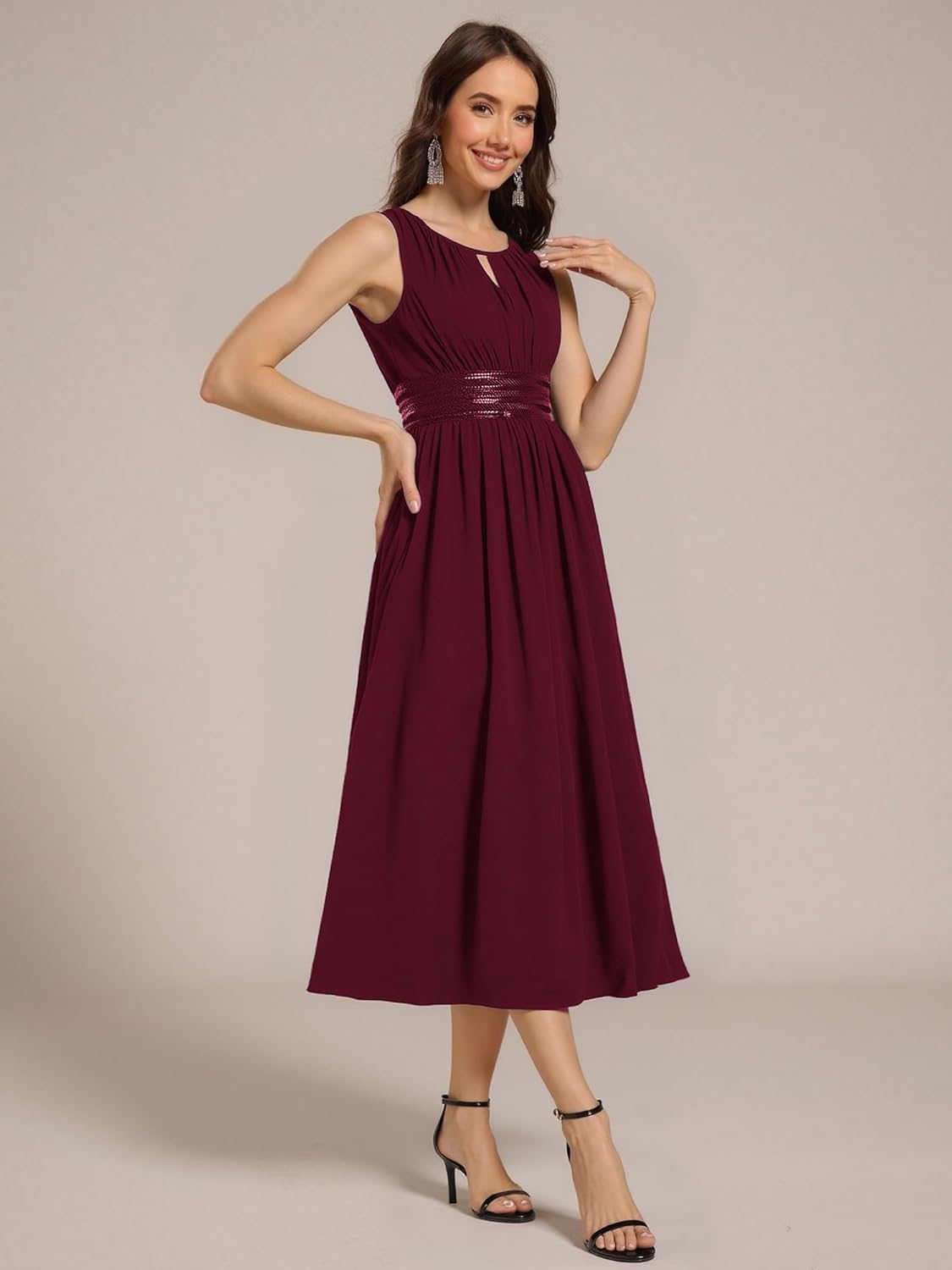 Ever-Pretty Women's Elegant Round Neck Chiffon A-Line Sequins Waist Midi Wedding Guest Dress 03955 - Image 3