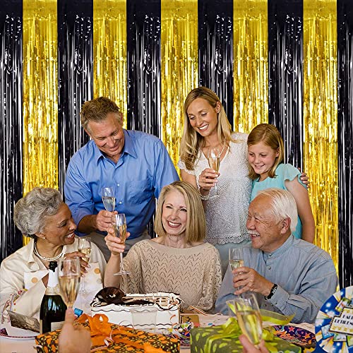Image of TONIFUL 2Pcs Black Gold Door Streamers,Photo Booth Backdrop Metallic Streamers Foil Fringe Curtains for Birthday,Christmas,New Year,Bachelorette,Grad Party Streamers Decor(6.6ft x 6.6ft)