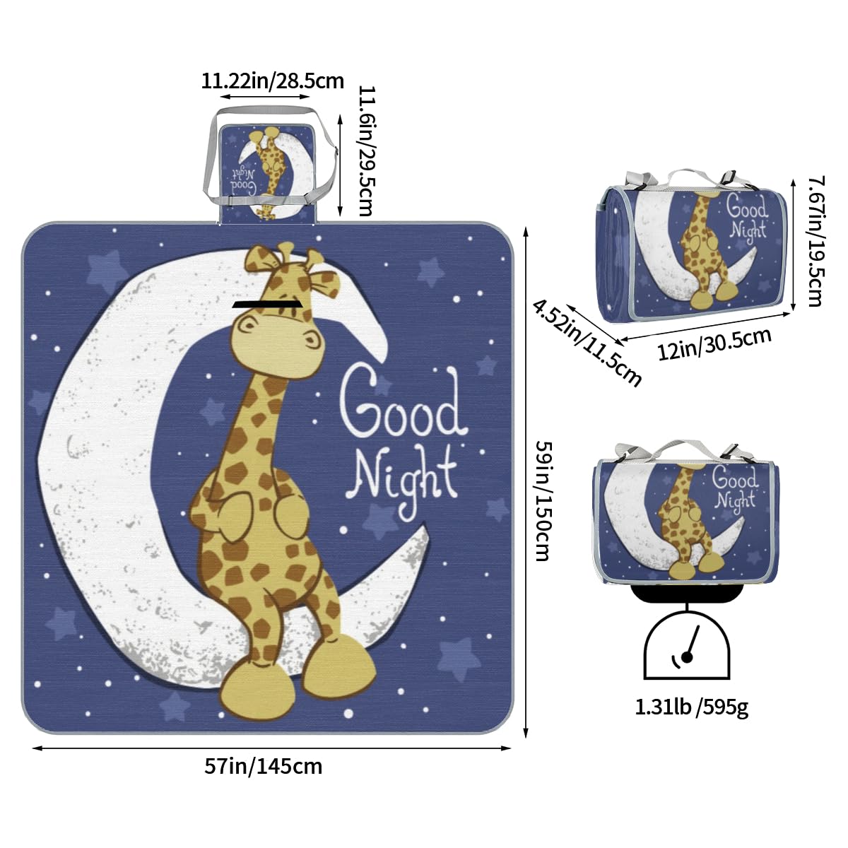 Shimoshe Picnic Blankets 57”x 59”, Moon Giraffe Waterproof Sandproof Picnic Mat Lightweight Foldable Beach Blanket for Camping Park Grass Beach Outdoor Blanket