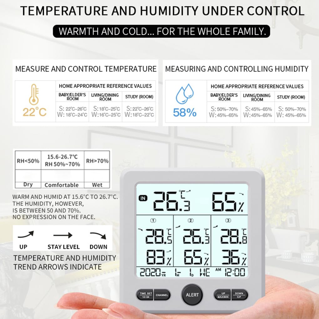 Termometro Esterno Digitale con Funzione di Memoria e visualizzazione dell'ora, commutazione dell'ora 12/24 Ore, Meteo Wireless