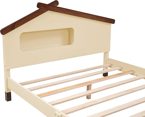 Miniatura 6 de Quarte Bonita cama de plataforma de tamaño matrimonial con cabecero y estribo en forma de oso, marco de cama de madera para dormitorio, no requiere