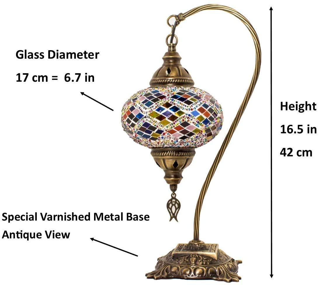 Yarra-Decor Turkish Moroccan Lamp With Bronze Base 3 Color Options Handmade Swan Neck Tiffany Mosaic Glass Bedside Lamps For Bedroom (LED Bulb Included)(1 - View #5