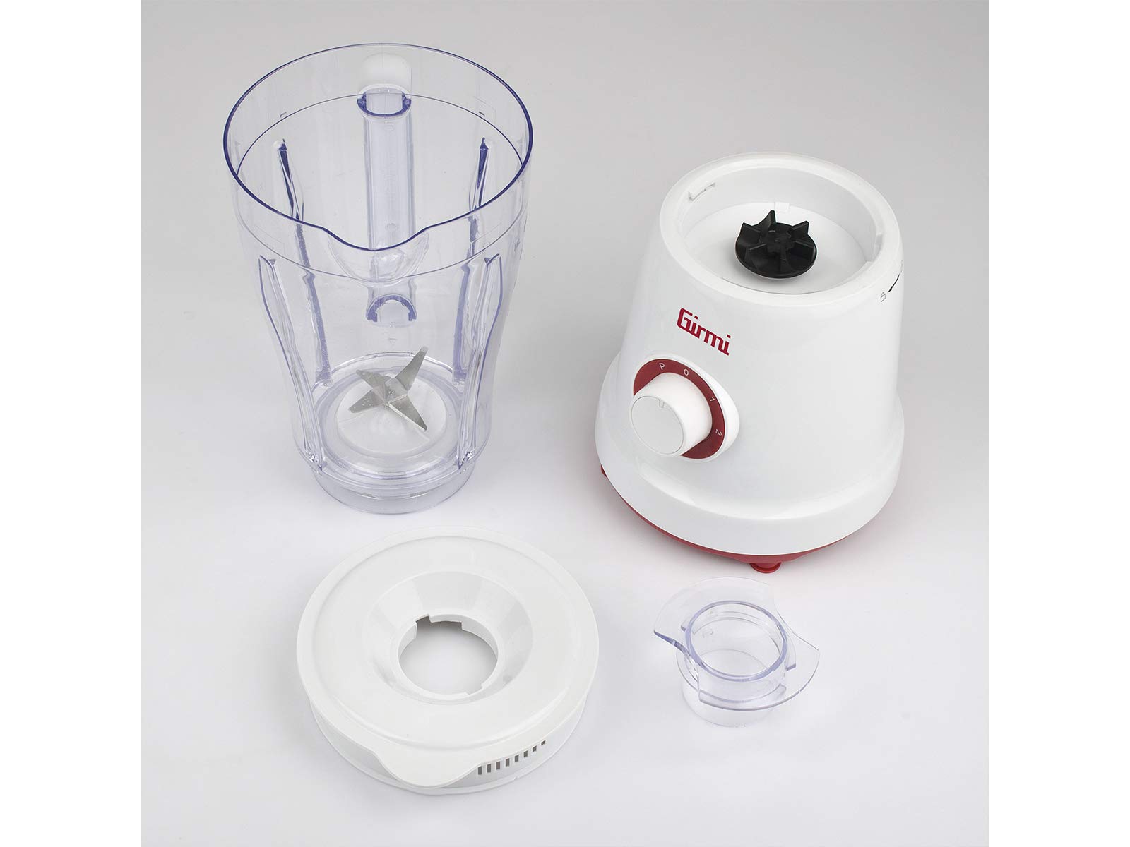 Girmi FR46 Batidora de vaso, 500 W, 2 velocidades + Pulse, Capacidad 1,5 L, 4 cuchillas de Acero Inoxidable, Cierre Hermético, Blanco/Rojo