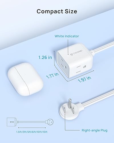 Miniatura 7 de TROND Cable de Extensión Plano de 6 Pies  Regleta de Alimentación de Enchufe Plano en Ángulo Derecho, Listado ETL, 3 Tomas de Extensión, Tres