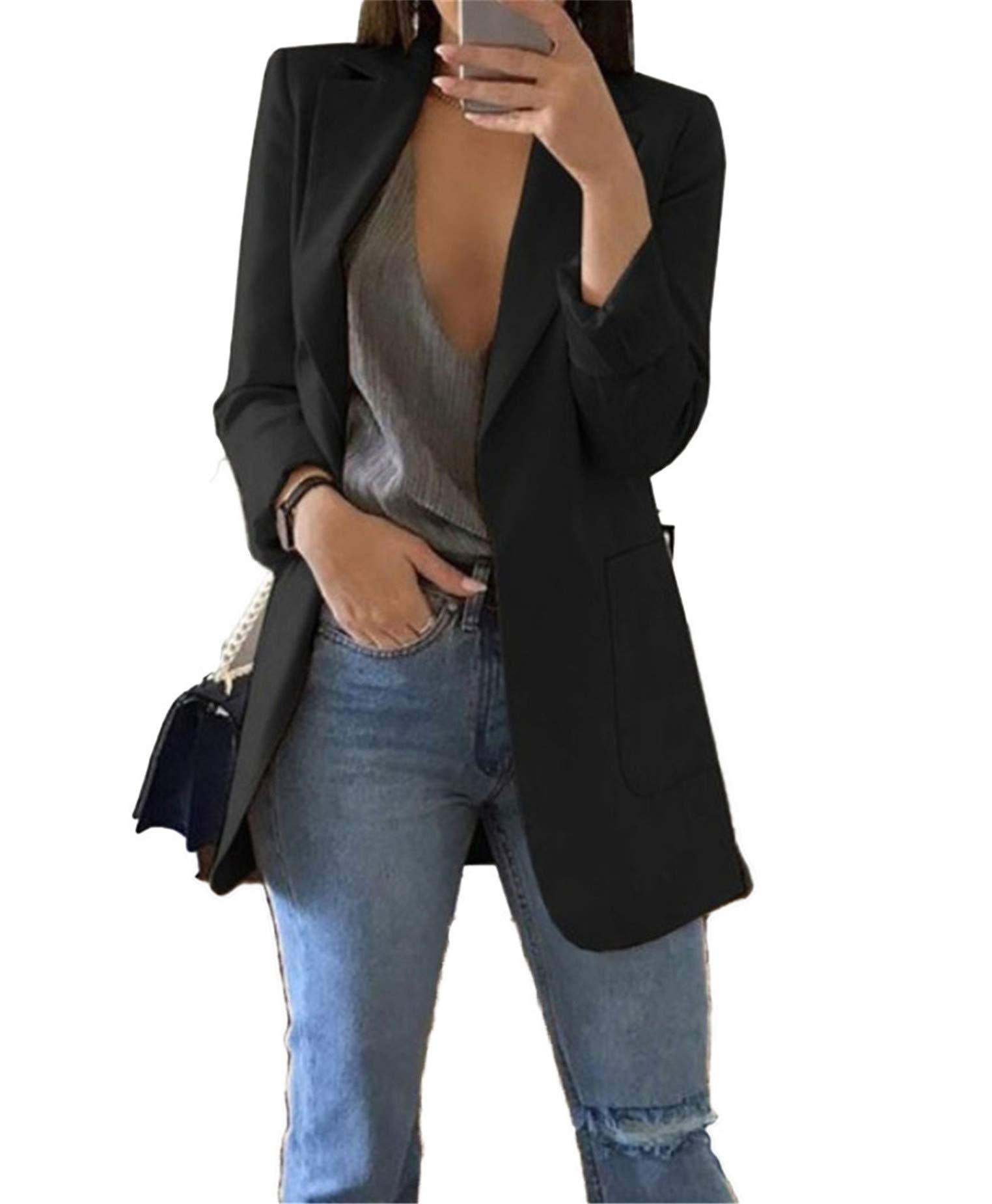 Womens Casual Blazers Open Front Long Sleeve Blazer Collared Slim Work Office Pockets Jackets