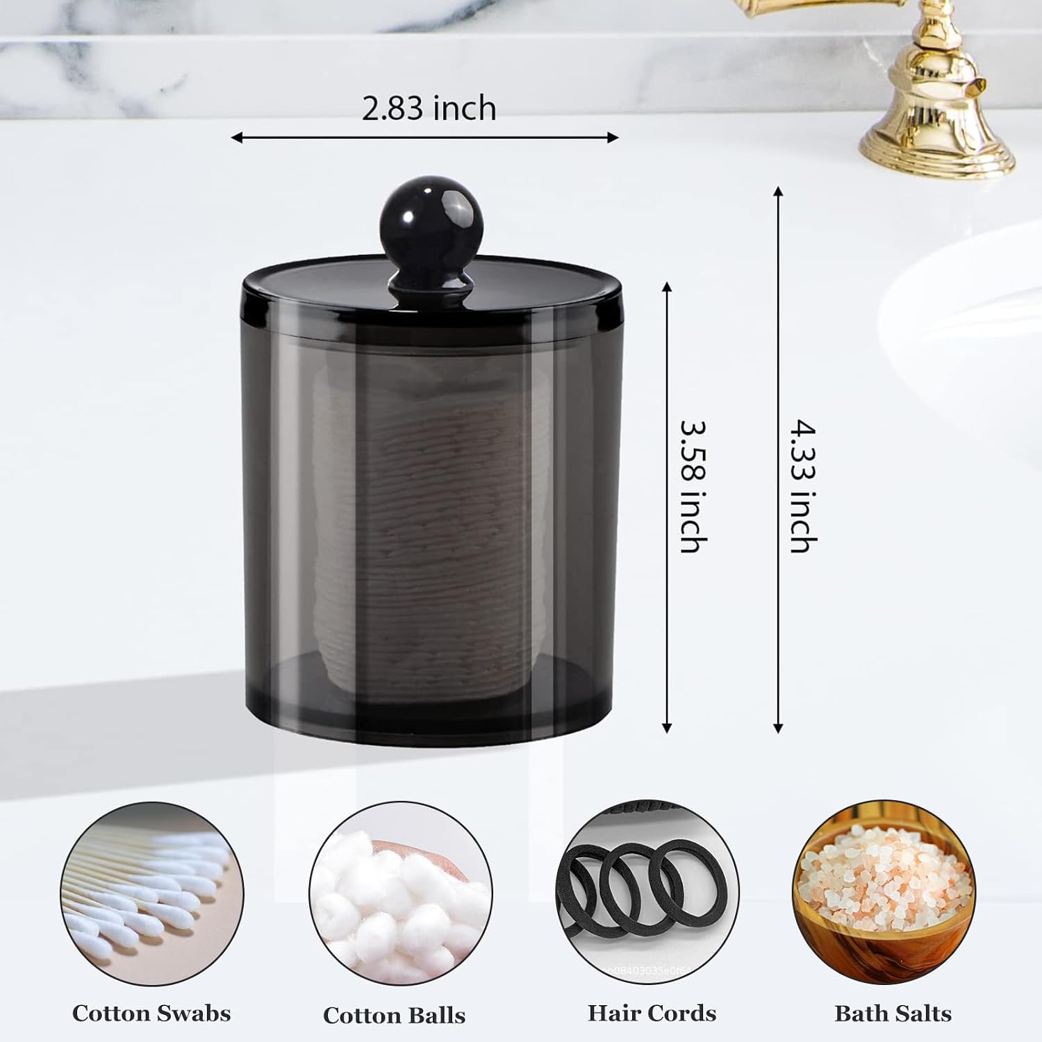 SheeChung 3 Pack Qtip Holder,Apothecary Jars with Lids, Cotton Round Holder with Labels,Minimalist Shatterproof Bathroom Organizer Set for Cotton Swabs,Balls,Pads,Bathroom Accessories (Black)