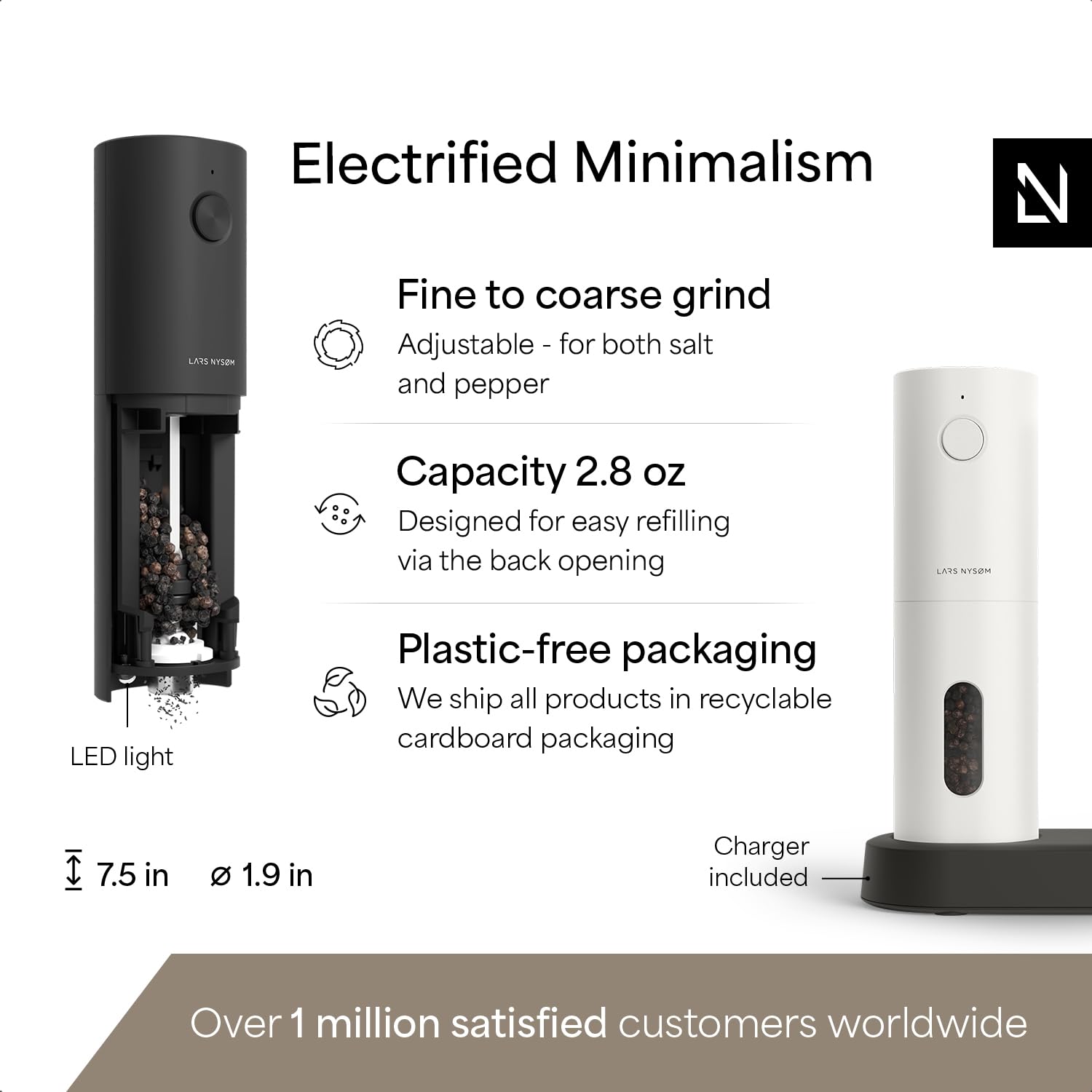 Set di 2 macinini elettrici per sale e pepe, funzionamento a gravità, funzionamento a batteria, in ceramica regolabile, colore argento