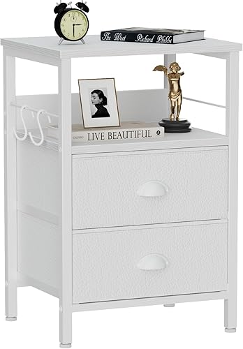 Furologee Mesita de noche con 2 cajones de tela, mesa auxiliar con estante de 2 niveles, mesa auxiliar con ganchos y parte superior de madera para