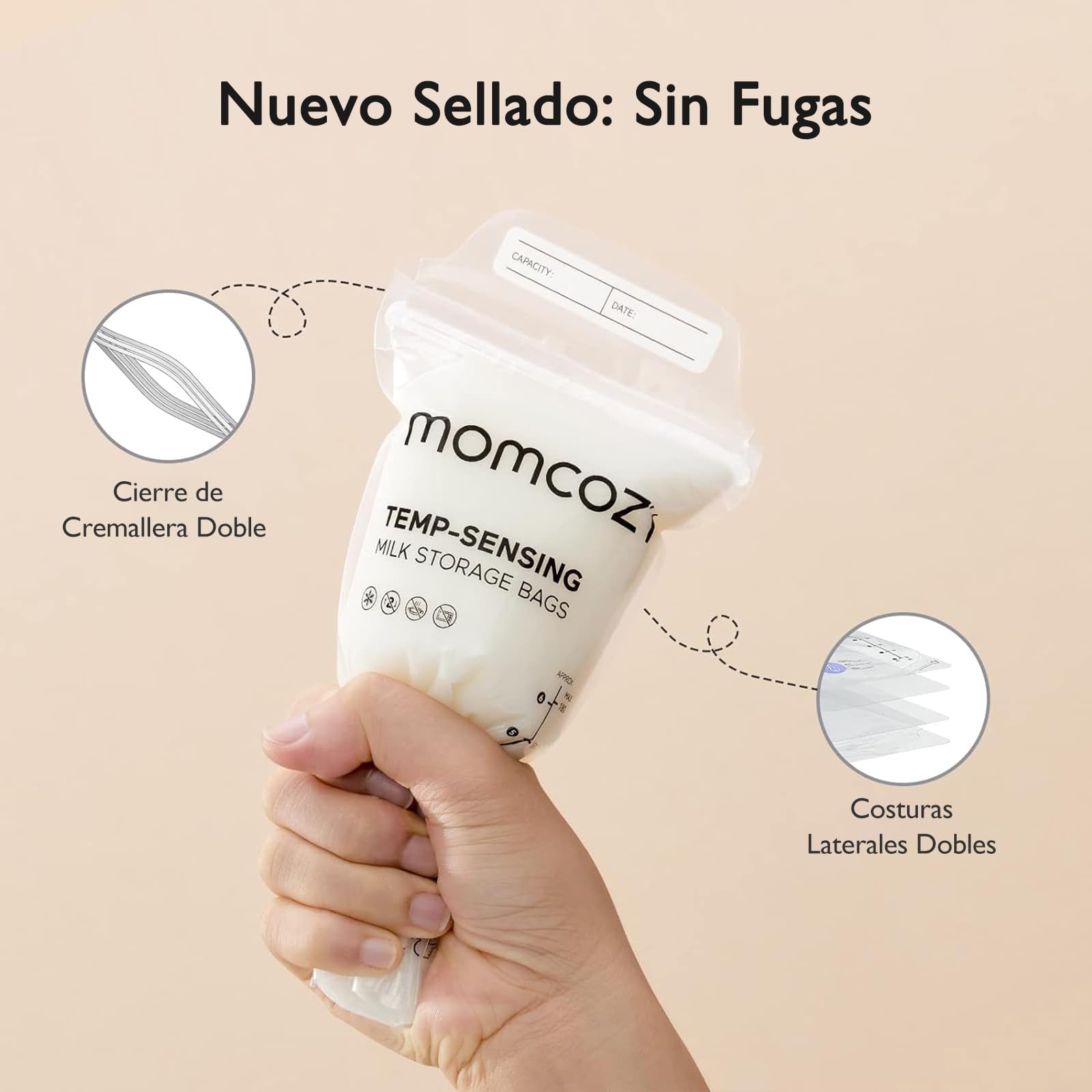 Momcozy 120 Bolsas de Almacenamiento de Leche Materna Con Detección de Temperatura - Desechables, 180ml