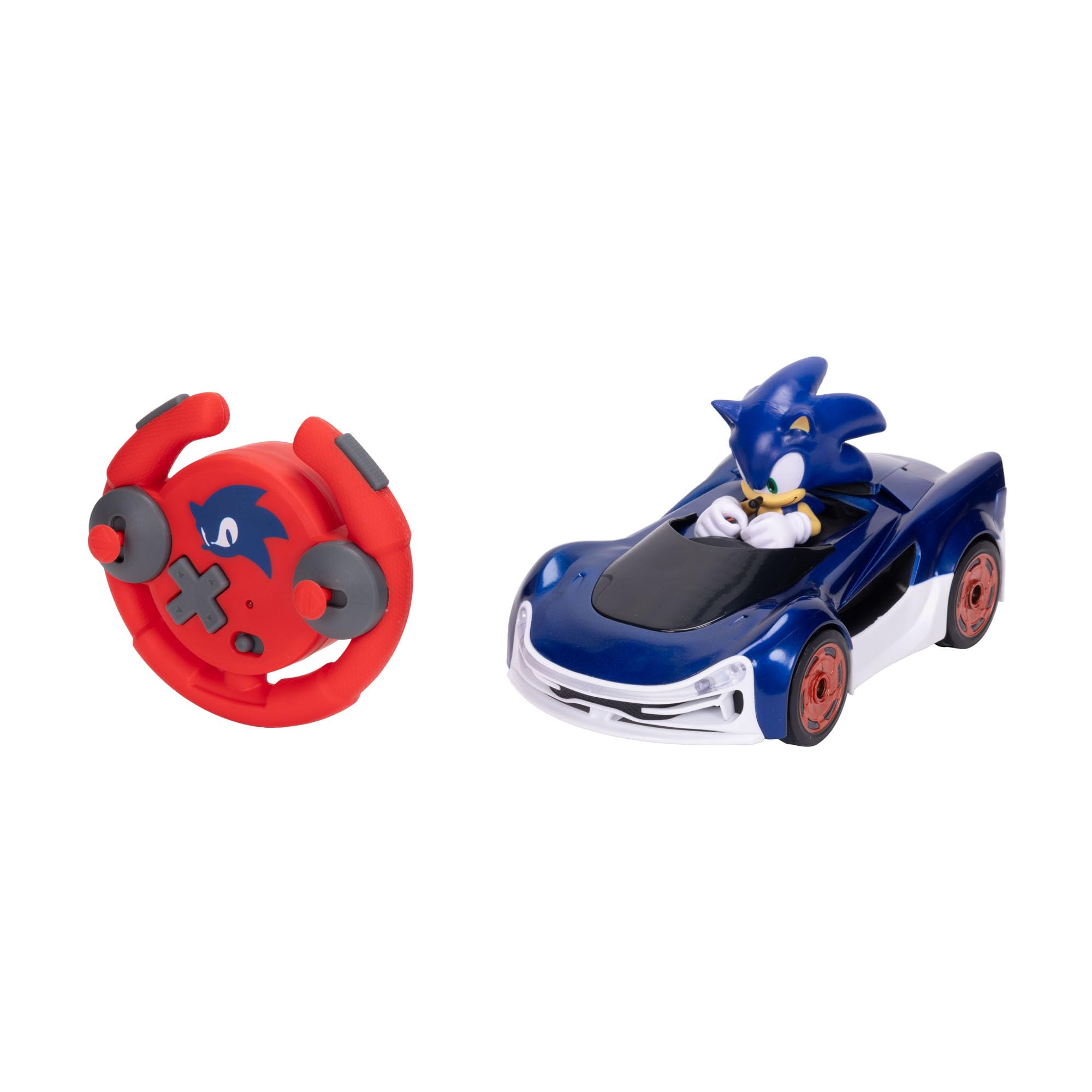 Sonic The Hedgehog, Coche Radio Control Derrapes de Jakks Pacific - Coches a Distancia con Ruedas Luminosas, Juego Interactivo con Mando a Distancia Rojo con Pilas Incluido