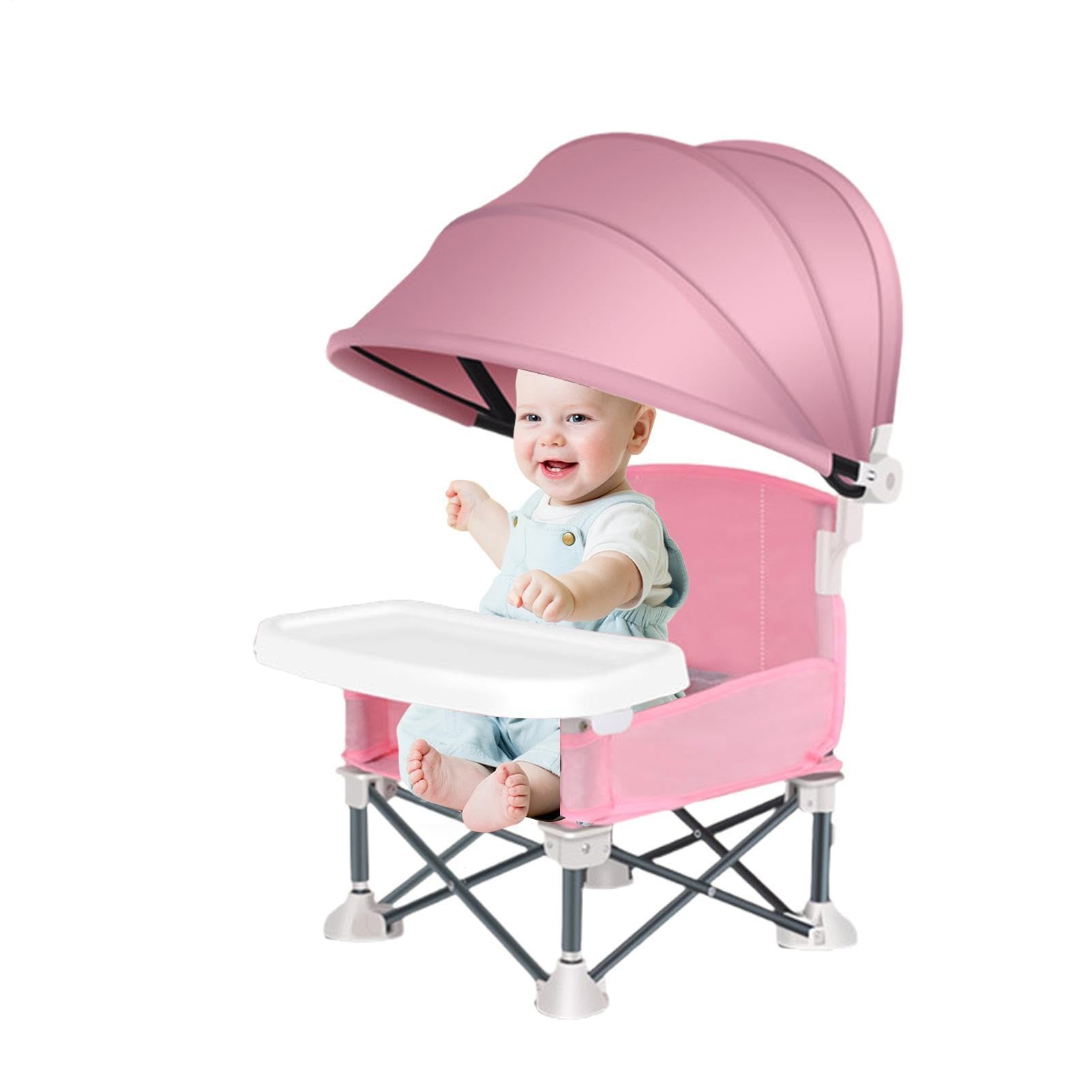 Chaise Haute Pliante Bebe | Chaise Haute Portable pour Bébé Pliable | Siège Enfant Siège De Voyage Pliable pour Déplacements | avec Auvent et Plateau Amovible, pour Plage, Extérieur, Camping