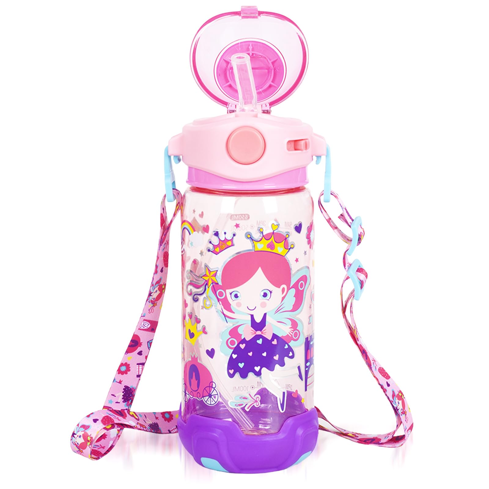 PinkSheep Kids Water Bottle with Straw/Lanyard, 650ml Child Drinking Water Bottle, BPA Free Leak-Proof Locking Flip Lid for Kids Girls Boys School Sport Travel (Flower fairy) — image 1