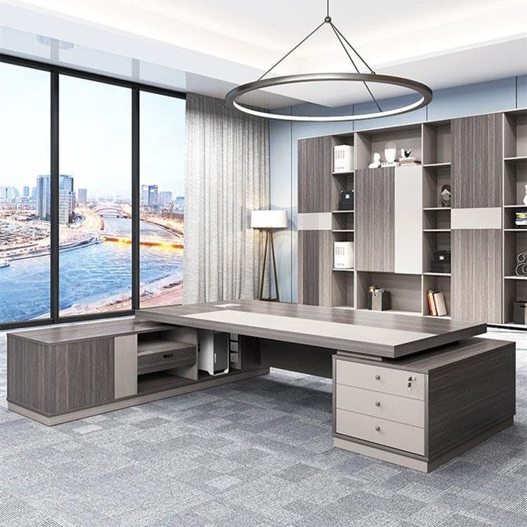 Image of Modern Executive Director Table with L-Shape Design, Open Storage & Premium Grey Wood Finish for Corporate Office (LDL-760 MDFL L6W3)