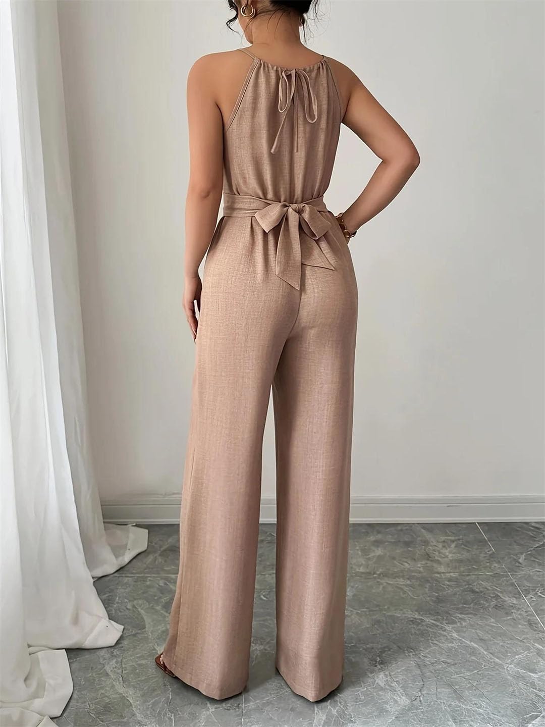 Women Pleated Neck Beaded Waist Jumpsuit Tie Button Maxi Romper