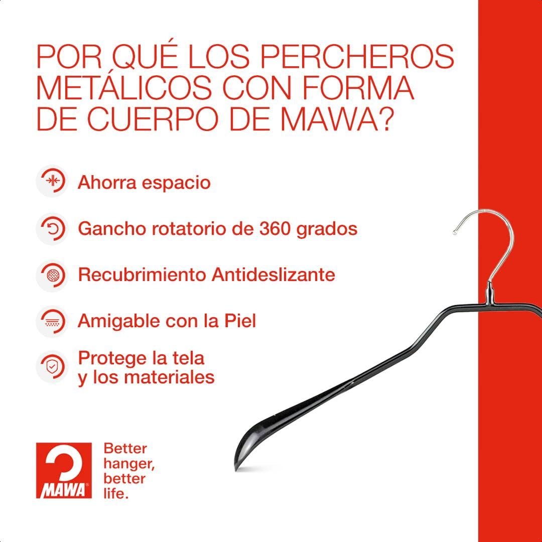 MAWA Perchas, Set de 10 Perchas Metálicas Ergonómicas, Ideales para Abrigos, Chaquetas, Blazers y Trajes, Gancho Giratorio 360°, Revestimiento Antideslizante, 42 cm, Negro