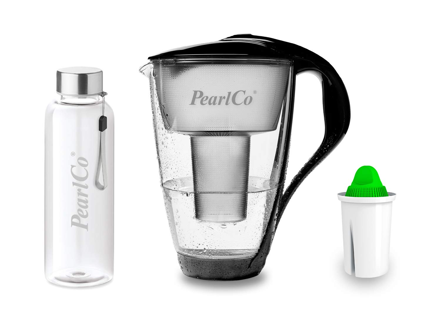 PearlCo - Szklany filtr do wody (czarny) z 1 wkładem filtrującym alkalicznym Classic + 1 butelka do picia ze szkła