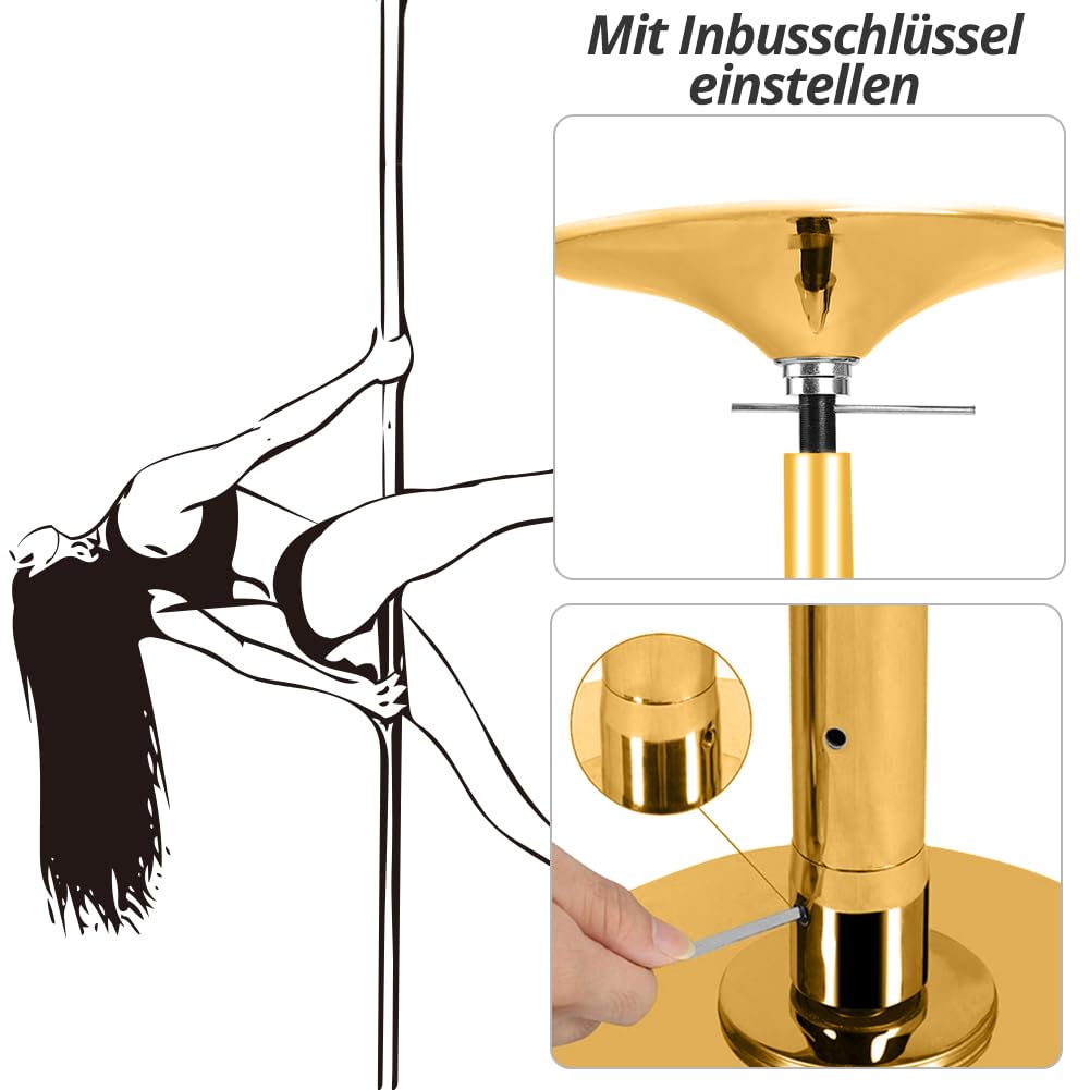 Roluck Pole Dance, barra da ballo, diametro 45 mm, lunghezza regolabile, set di danza professionale, portatile, rimovibile, con funzione statica + spinning (oro)