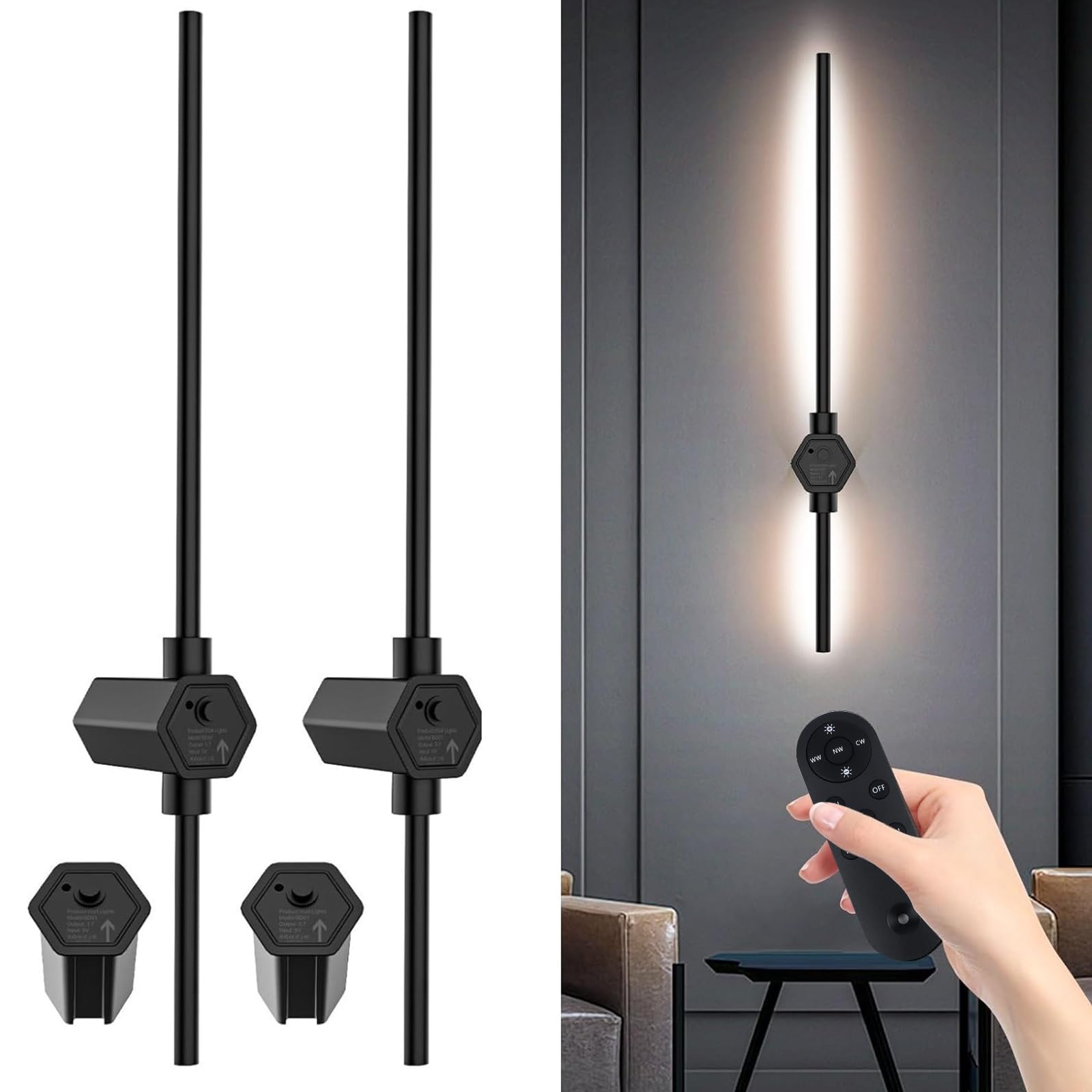 TBRFP Akku Wandleuchte Innen,10000mAh,5W,60CM,USB-C Wiederaufladbare LED Wandlampe mit Abnehmbare Stromversorgung,Schwarz Dimmbar Kabellose Wandleuchte Batterie,für Wohnzimmer Schlafzimmer (2 Stück)