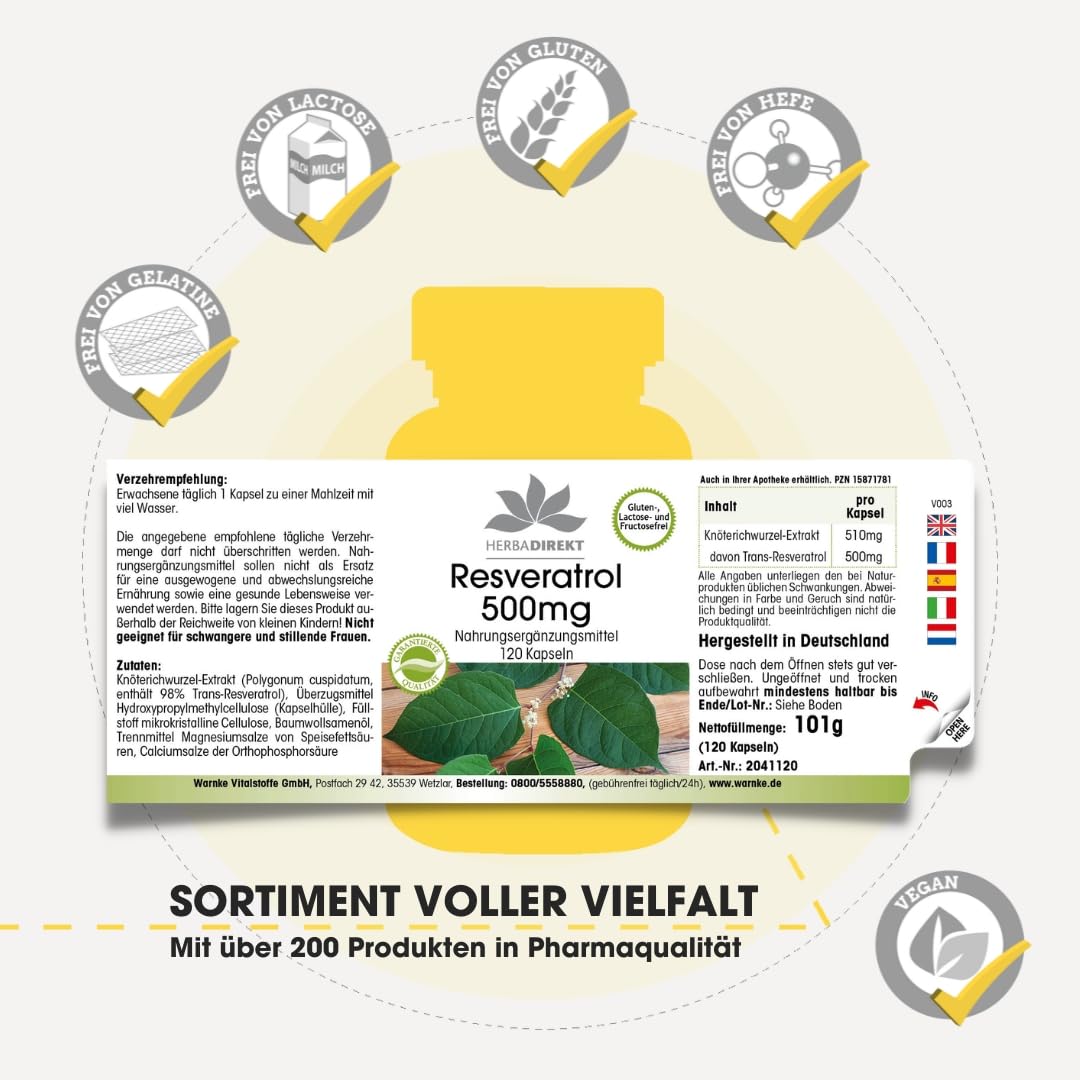 Resveratrol 500mg - Hochdosiert - Knöterich-Extrakt - 120 Kapseln | HERBADIREKT by Warnke Vitalstoffe - Deutsche Apothekenqualität
