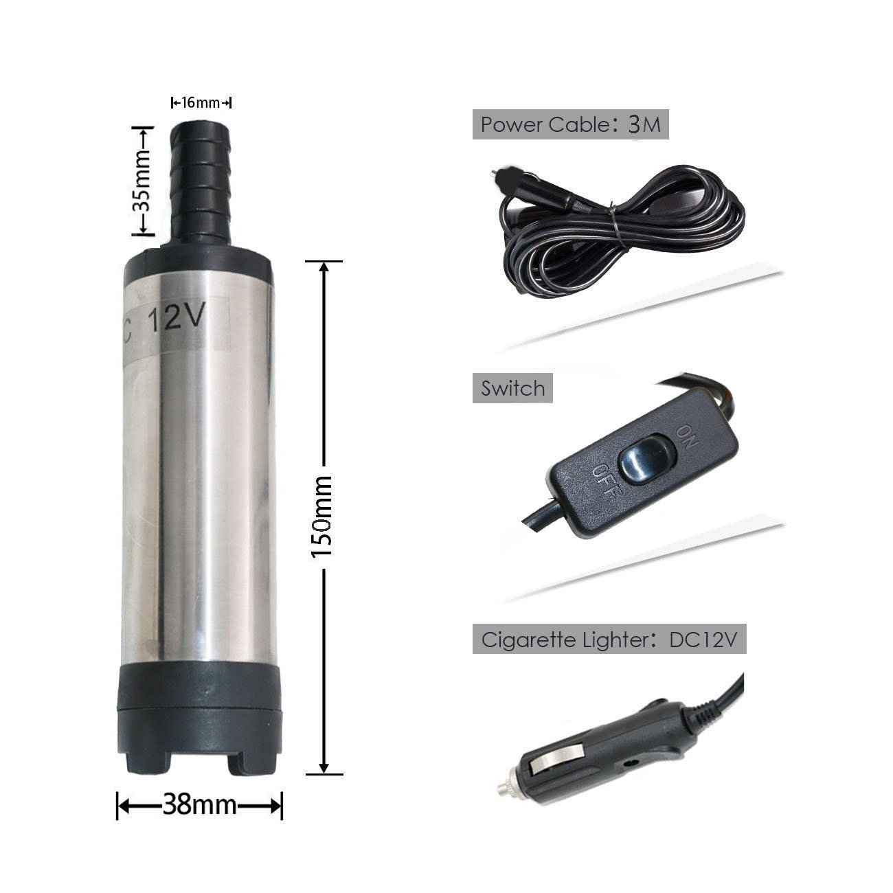 12 V 38 mm pompa zatapialna do wody olejowej oleju napędowego pompa do przenoszenia paliwa samochodowego, kabel 3 m z gniazdem zapalniczki samochodowej