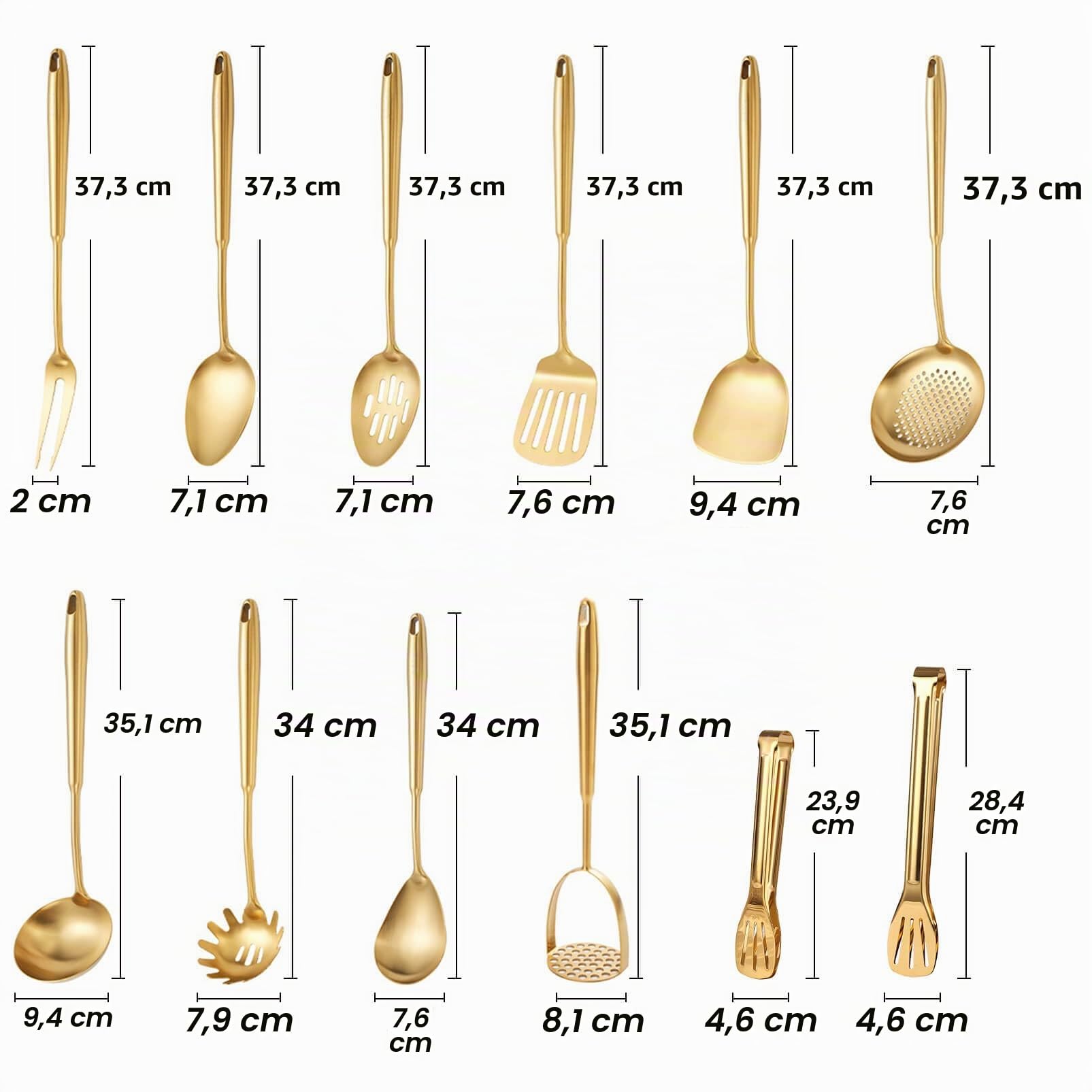 Ensemble d'ustensiles de cuisine dorés, 12 ustensiles de service en laiton mat, outils de cuisine en acier inoxydable 18/10 – Presse-purée, pince, fourchette à viande, spatule, spatule, louche