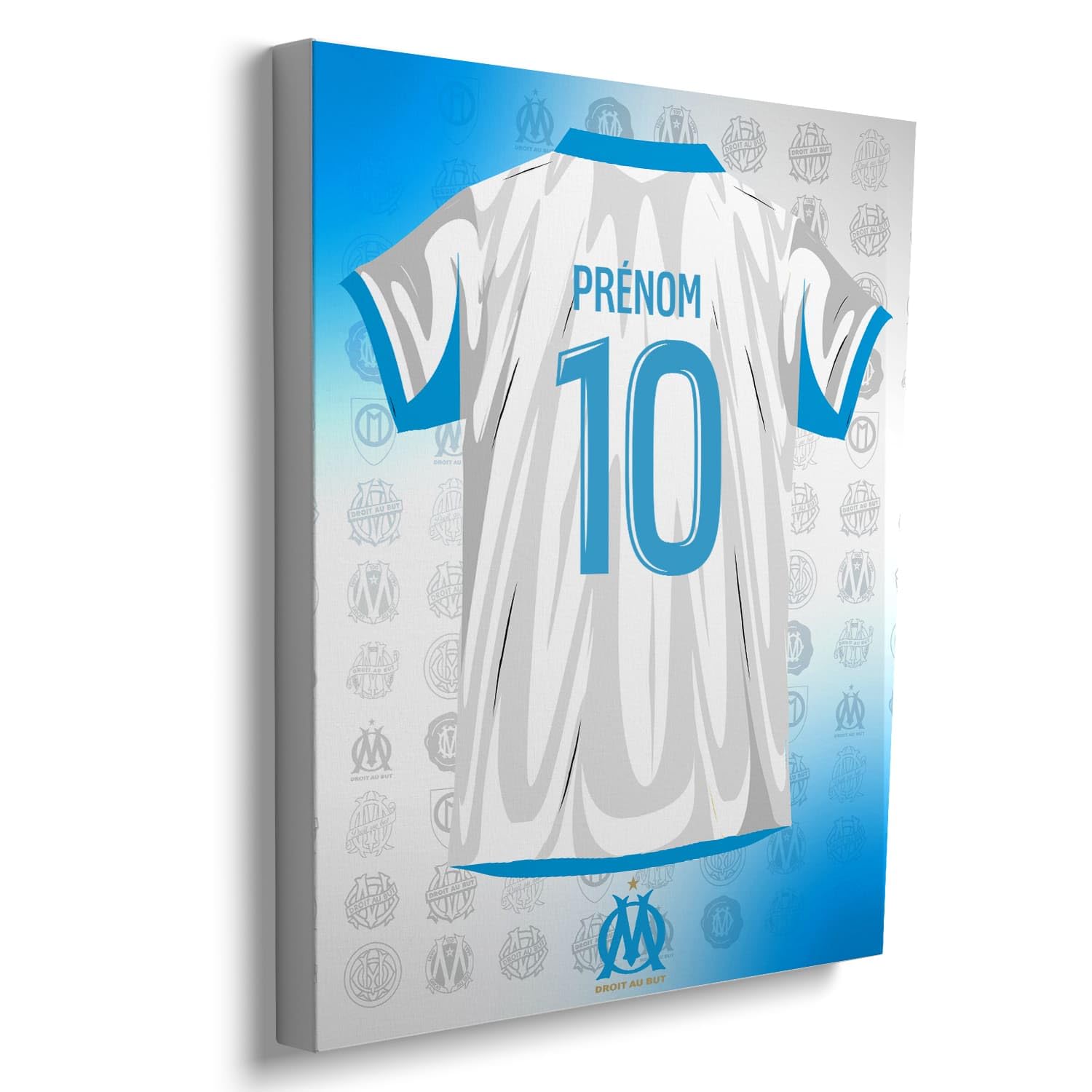 Toile Personnalisable Maillot Olympique de Marseille – 50x40 cm | Prénom & Numéro | Produit Sous Licence Officielle OM | Cadeau Supporter Foot – Décoration Murale “Droit au But” | Fabriqué en France