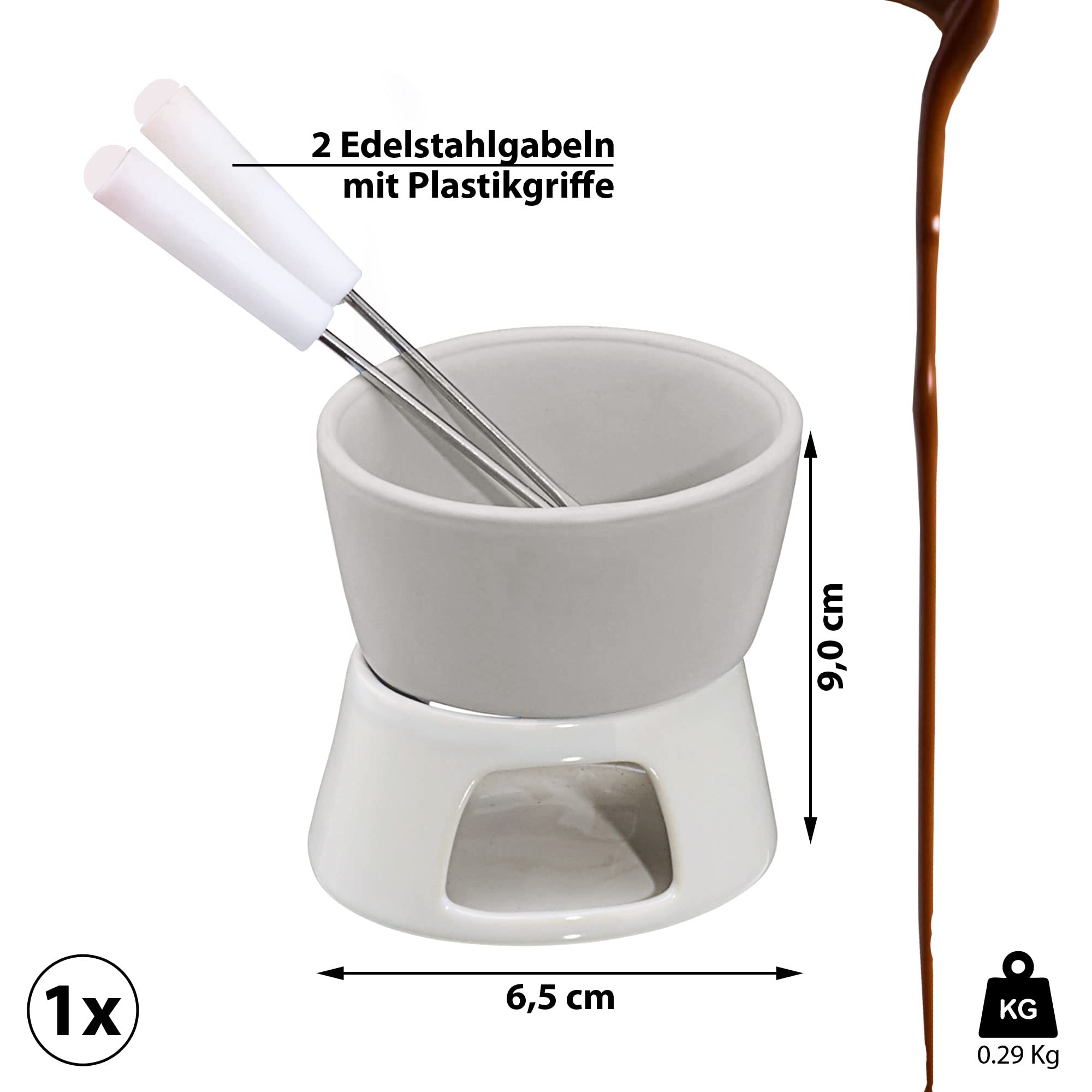 Cepewa 1 x ceramiczny zestaw do fondue czekoladowego fondue biały z 2 widelcami ze stali nierdzewnej (1 x zestaw czekoladowego fondue)