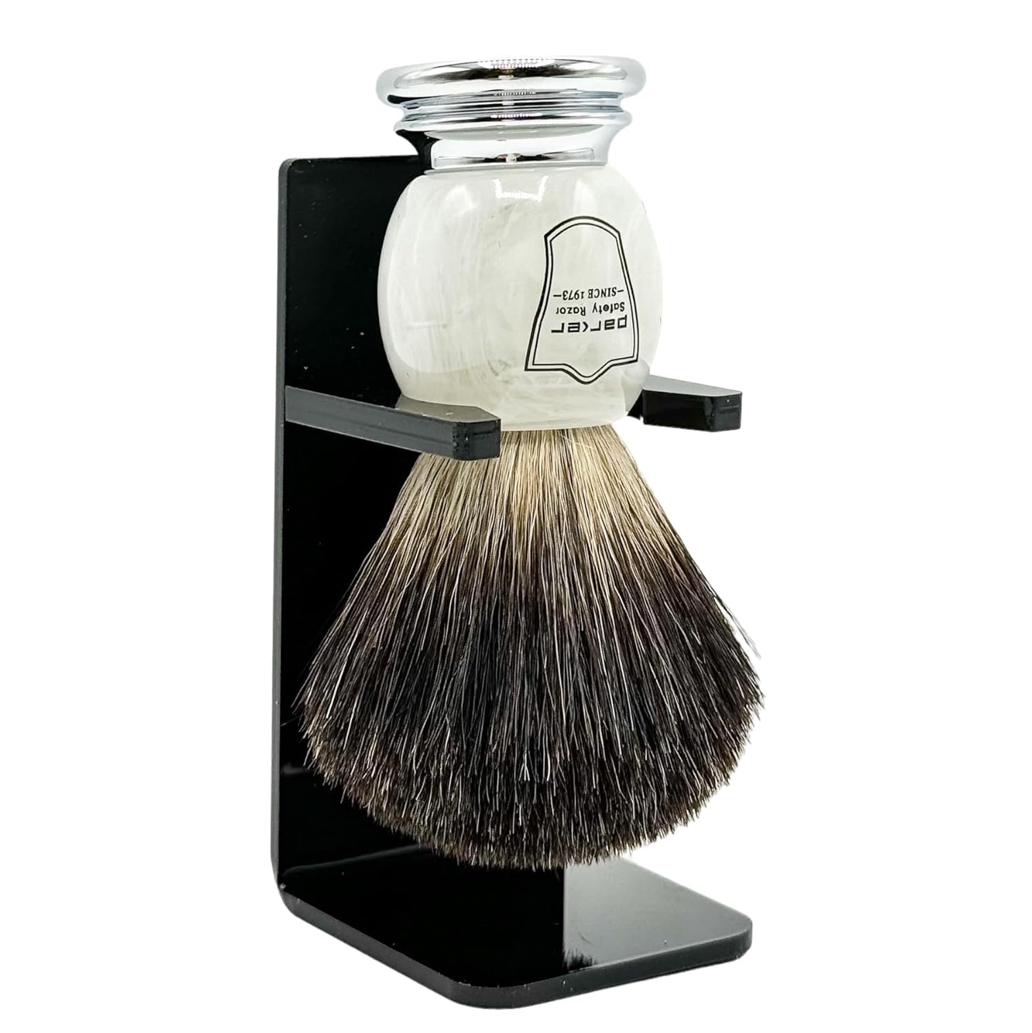 Parker 100% Black Badger Bristle Shaving Brush with Ivory Marbled Handle - Brush Stand Included