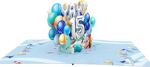 Miniatura 4 de Liif Tarjeta de cumpleaños de 15 años, tarjeta de cumpleaños desplegable 3D para niños de 15 años, para niños, hijos, sobrinos, adolescentes, globos