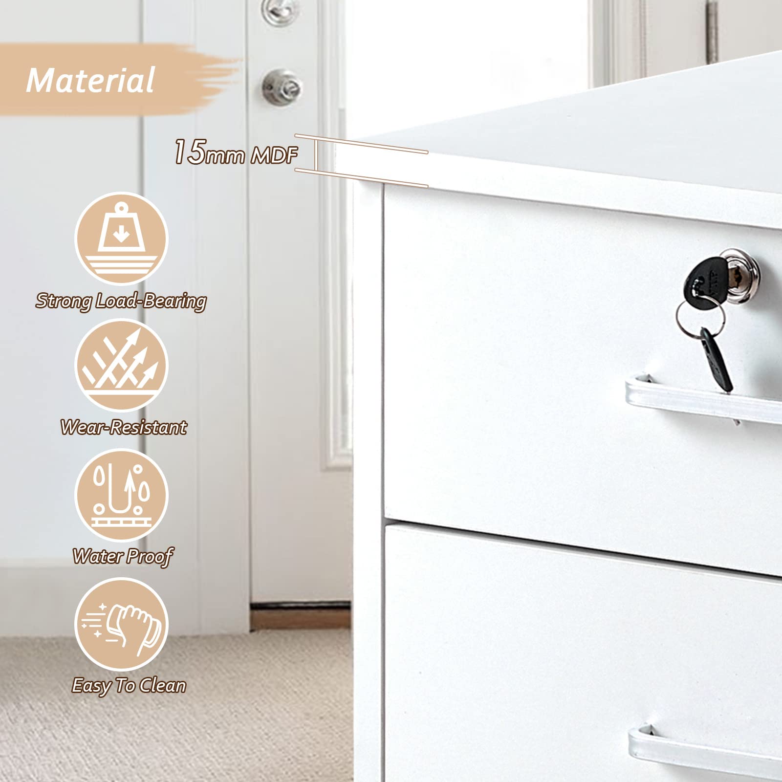 LEMROE Armadietto mobile a 3 cassetti con serratura e ruote in legno stile industriale per ufficio domestico (bianco, 3 cassetti)