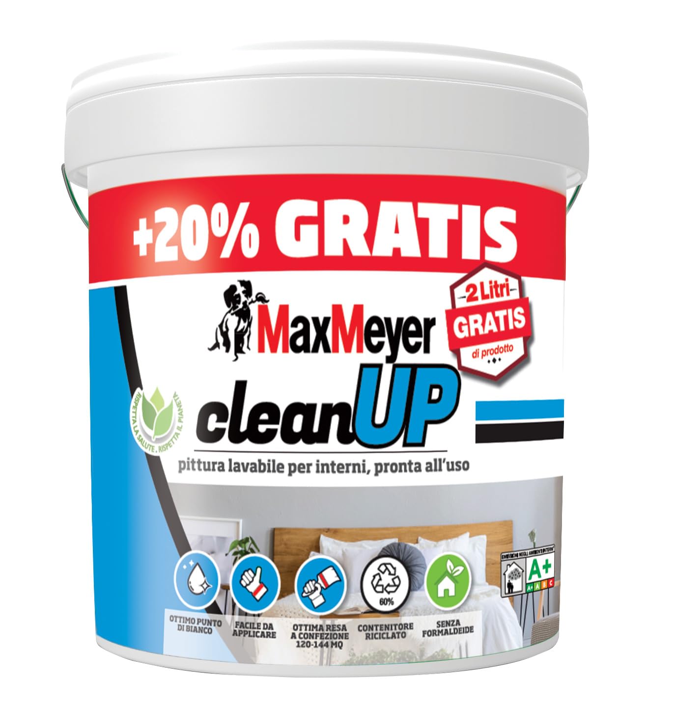 MAXMEYER cleanUP Pittura Lavabile per Interni, Bianco Opaco, Senza Formaldeide, Pronta all'Uso, 12 l